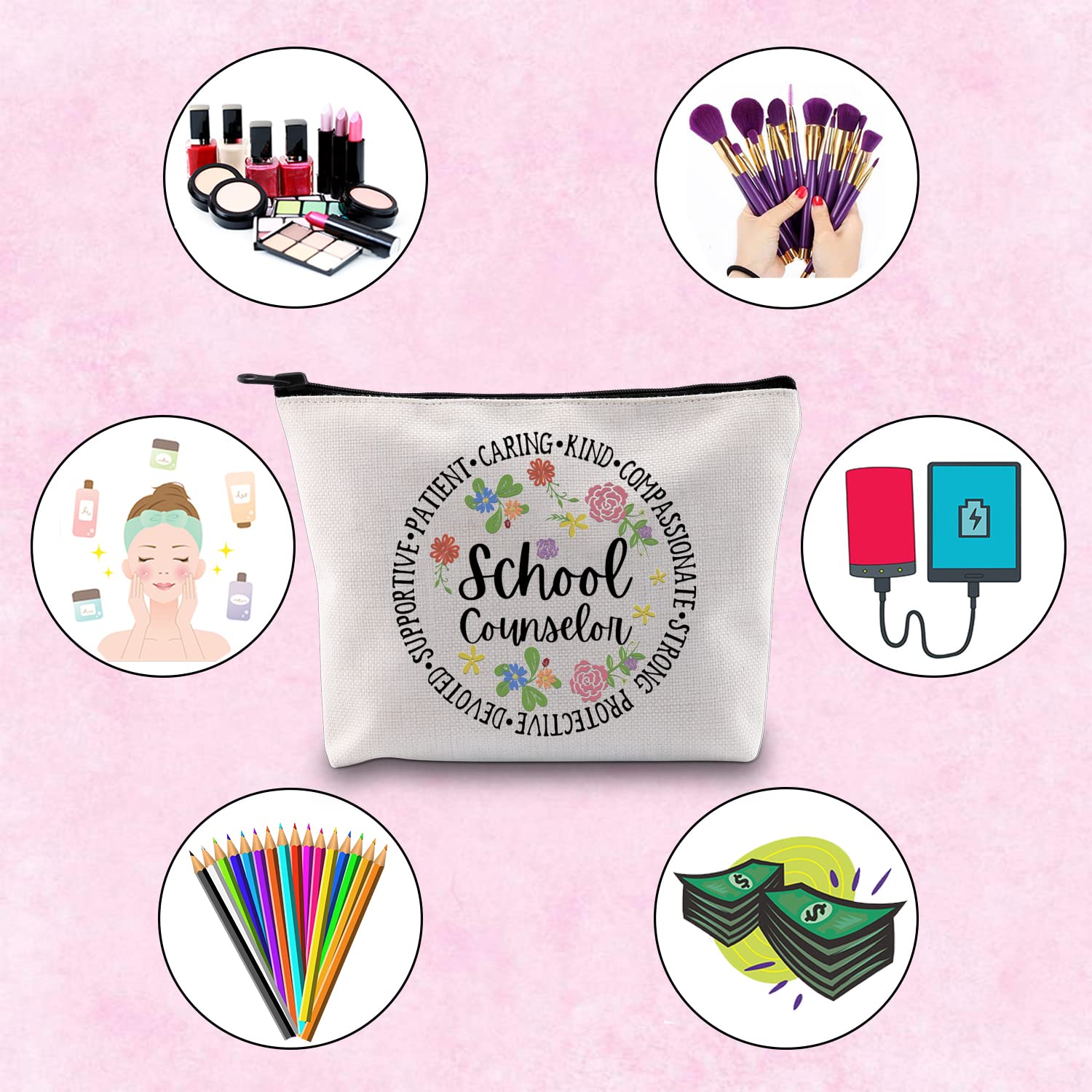 School Counselor Gift - Therapist & Psychiatrist Appreciation Present - Beige Zipper Pouch Makeup Bag for Teachers - Perfect for School Counseling, Office Supplies & Daily Essentials