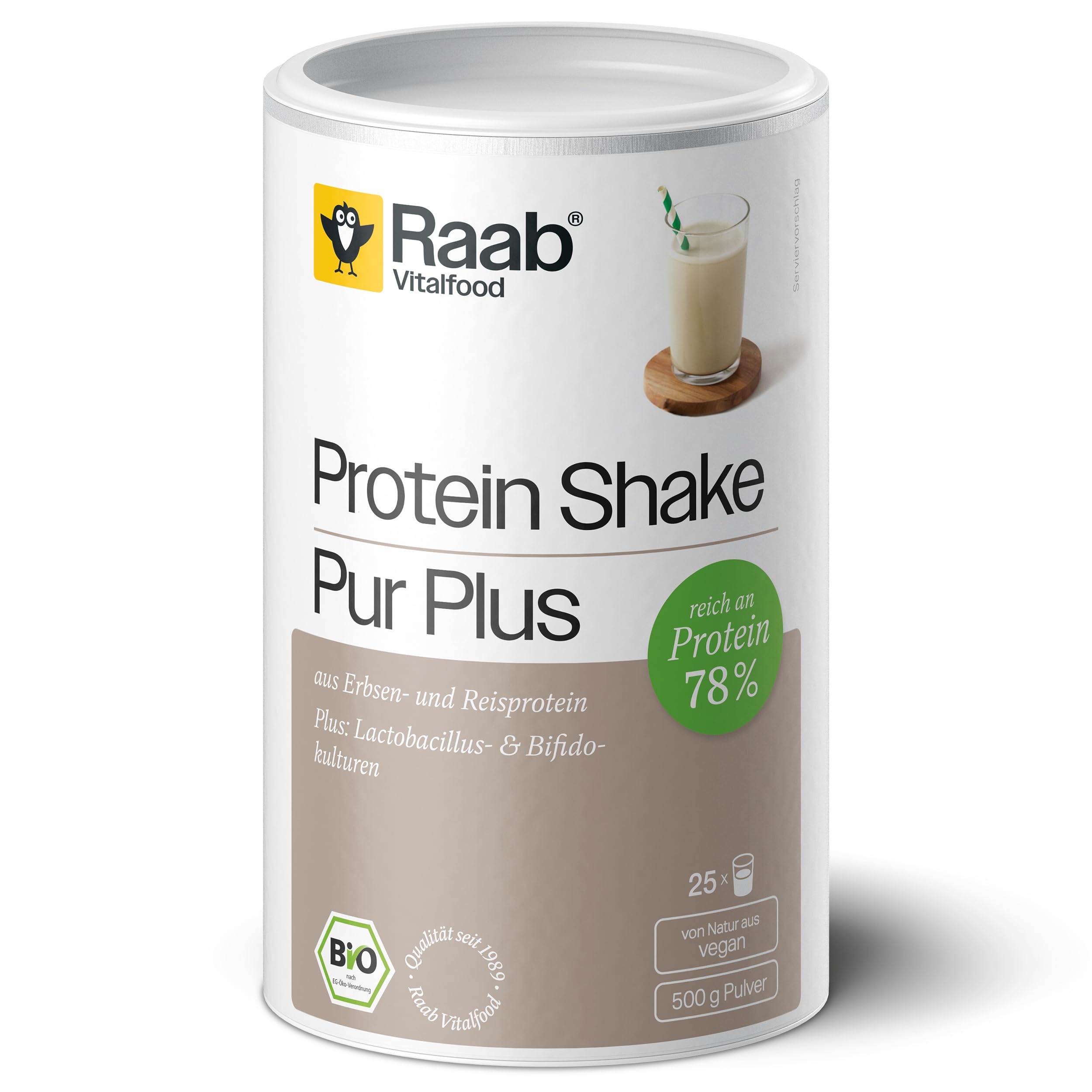 Raab Vitalfood Organic Protein Pure Shake PLUS - Plant-Based Protein Powder with Probiotics, 500g Can - Ideal for Post-Workout Recovery & Vegan Nutrition