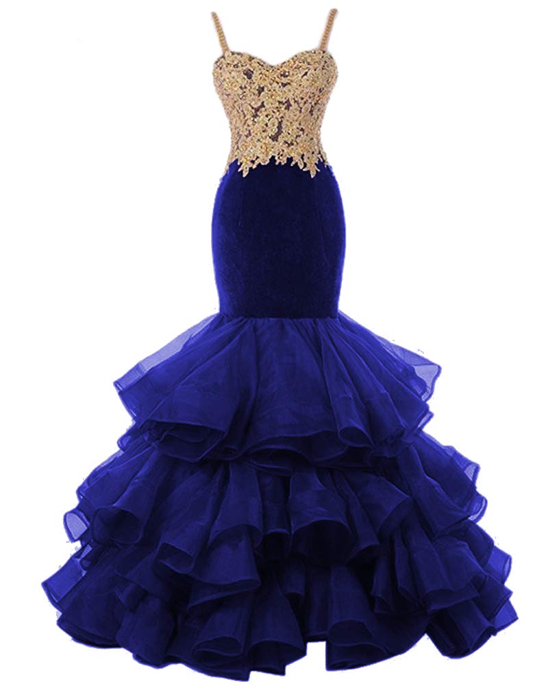 Elegant Mermaid Gold Appliques Organza Ruffles Long Prom Gown for Women - Perfect for Evening Galas, Formal Dances & Special Occasions
