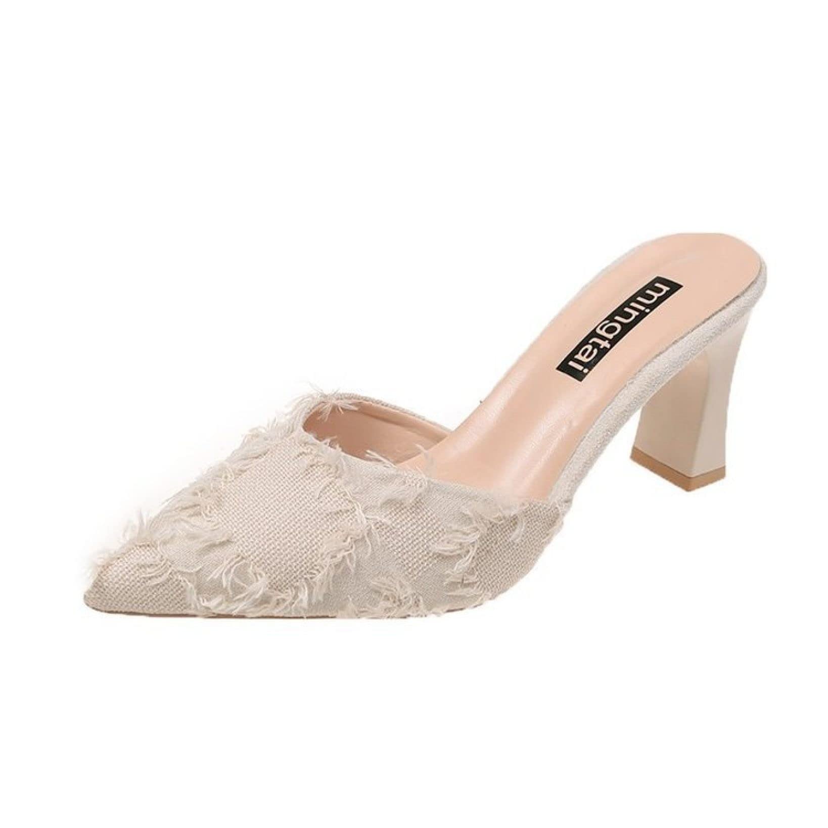 Women's Block Heel Mules - Pointed Toe Slip-On Clogs with Fabric Upper | Comfortable High Heel Backless Loafers for Work, Office & Casual Outfits