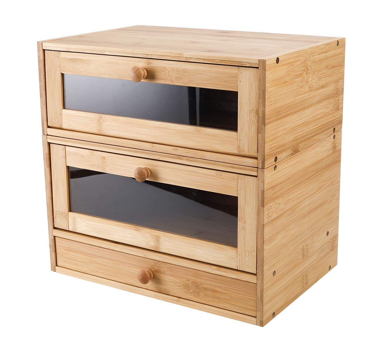 **2-Tier Bamboo Bread Box with Window & Utensil Drawer - Stackable Kitchen Countertop Storage for Bread, Buns & Pastries - Natural Wood Organizer for Small Spaces**