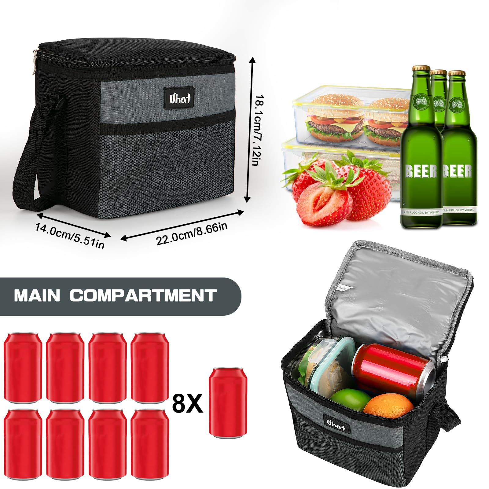 Uhat 5L Insulated Lunch Box for Adults - Dual Compartment Cooler Bag for Work, School & Travel - Leakproof Thermal Food Container for Picnics, Office & Outdoor Activities (Grey)