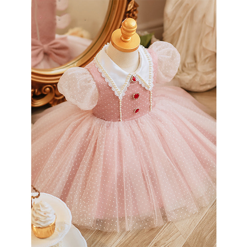Elegant Pink A-Line Flower Girl Dress with Collar & Polka Dot Tulle - Perfect for Weddings, Birthday Parties & Special Occasions