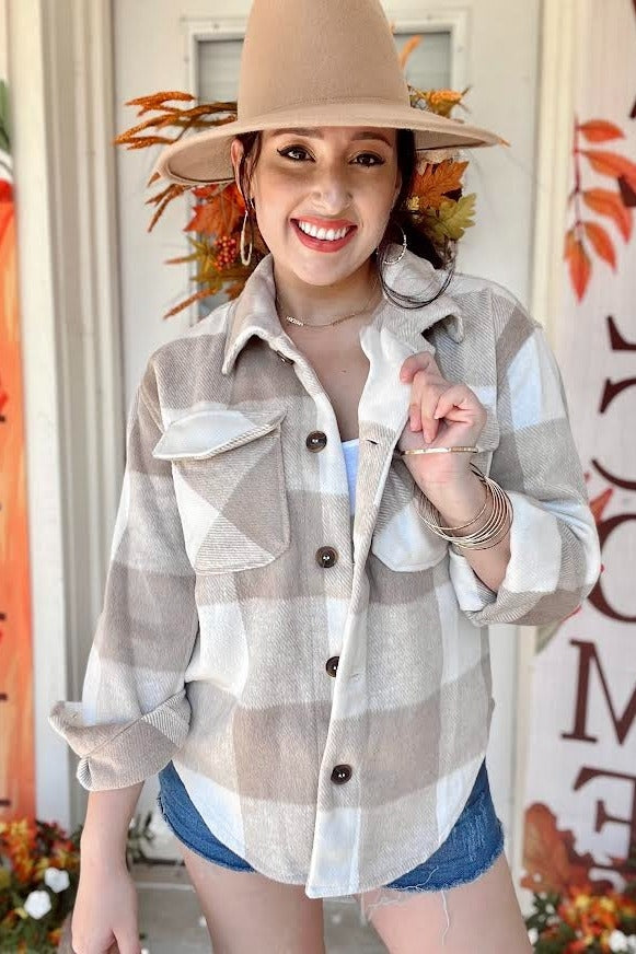 Beige Plaid Knit Shirt Jacket for Women - Cozy Oversized Button Up Cardigan Sweater | Perfect for Fall Layering, Casual Outfits & Outdoor Activities