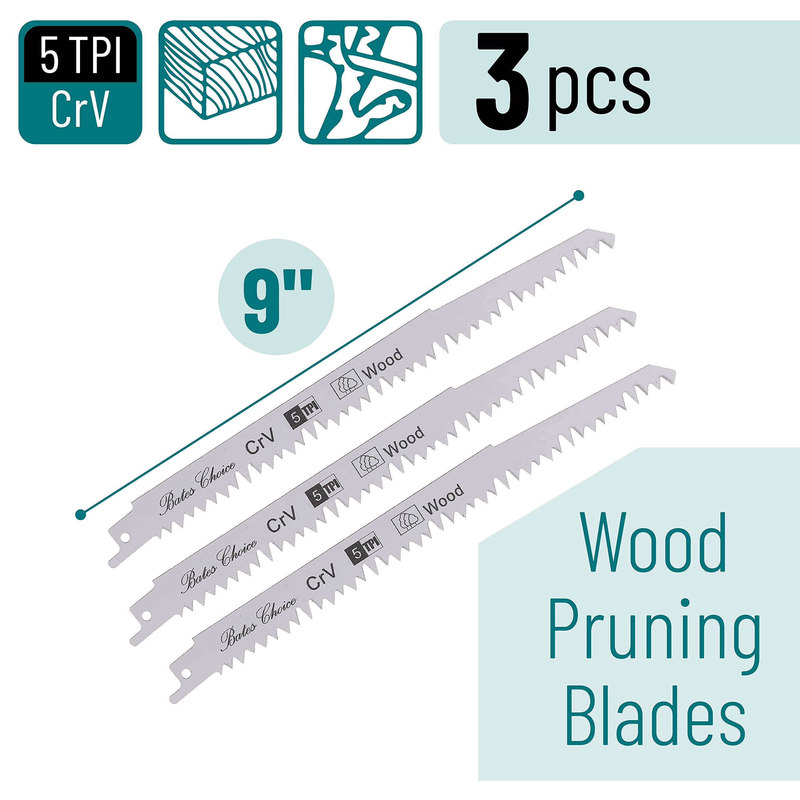 Bates 9-Inch Wood Pruning Reciprocating Saw Blades - 3 Pack | Sawzall Blades for Wood Cutting | Ideal for Tree Trimming, Landscaping & DIY Projects