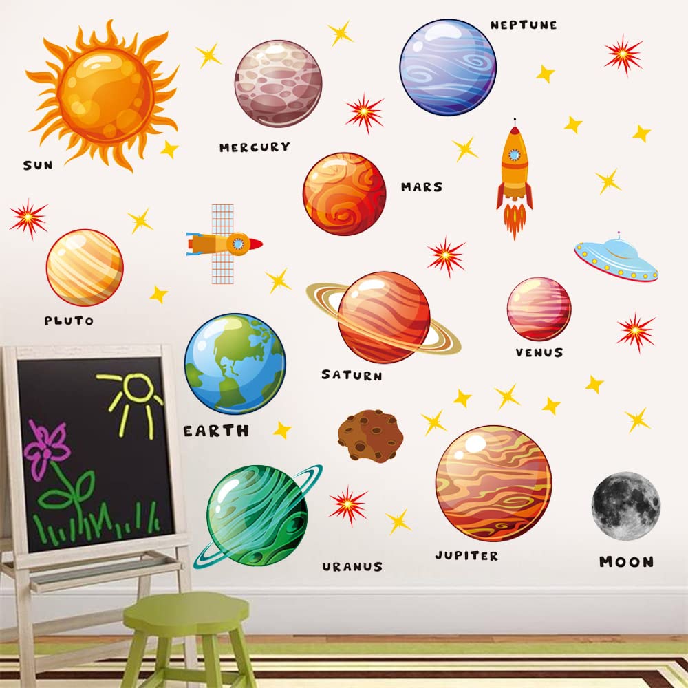 Cartoon Space Wall Stickers - Rocket, Cosmonaut & Planet Decor for Kids Room, Nursery & Playhouse | Solar System Learning Mural & Astronaut Wall Decals | Perfect for Bedroom, Classroom & Playroom Decor