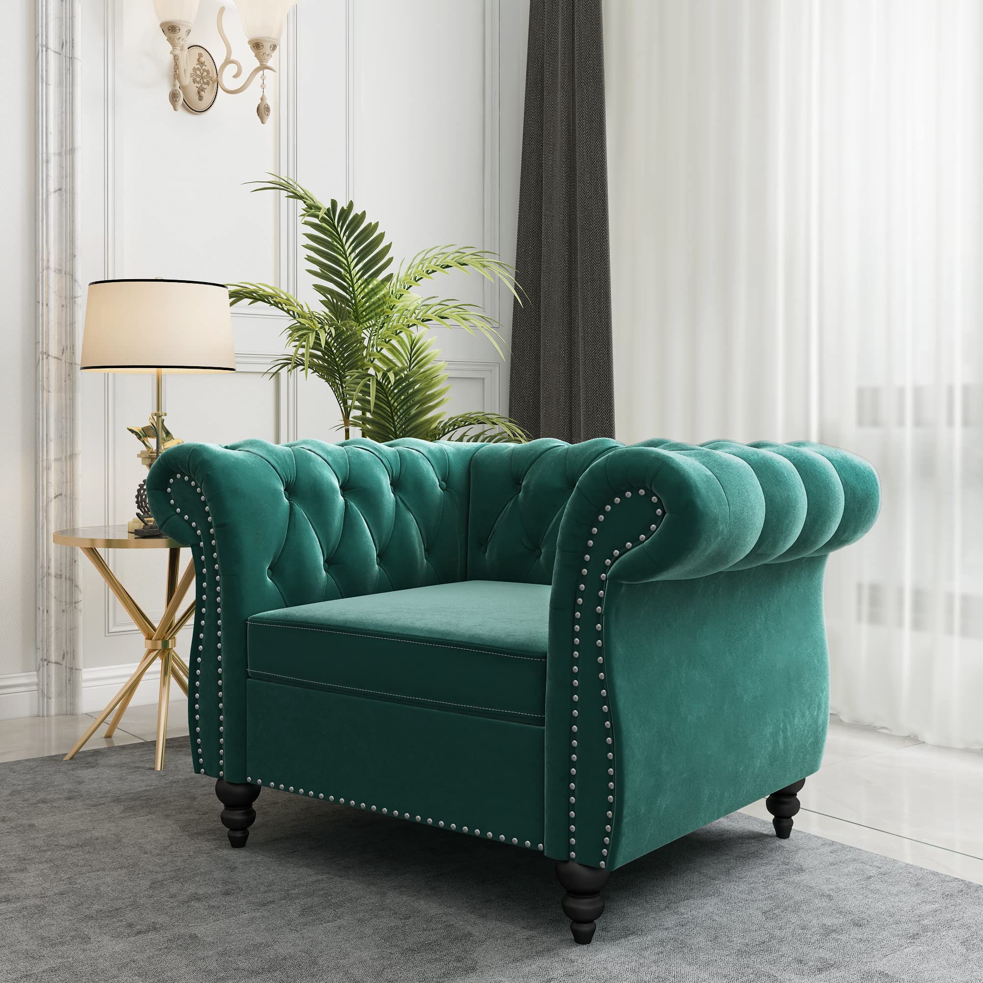 QHITTY Modern Velvet Chesterfield Accent Chair - Tufted Back Upholstered Living Room Furniture in Green | Perfect for Home Office, Lounge & Reading Nook