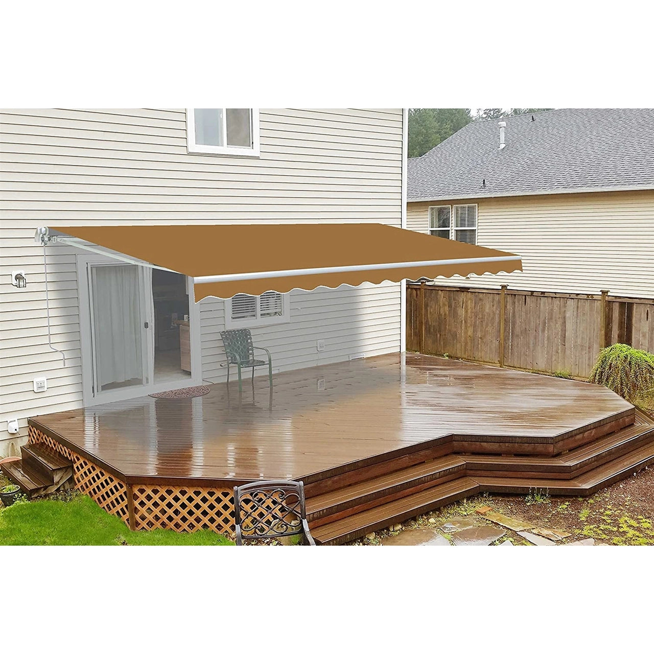 Aleko 16x10 Feet Motorized Retractable Patio Awning with White Frame - Sand Color for Outdoor Shade, Backyard, Deck, and Poolside Relaxation