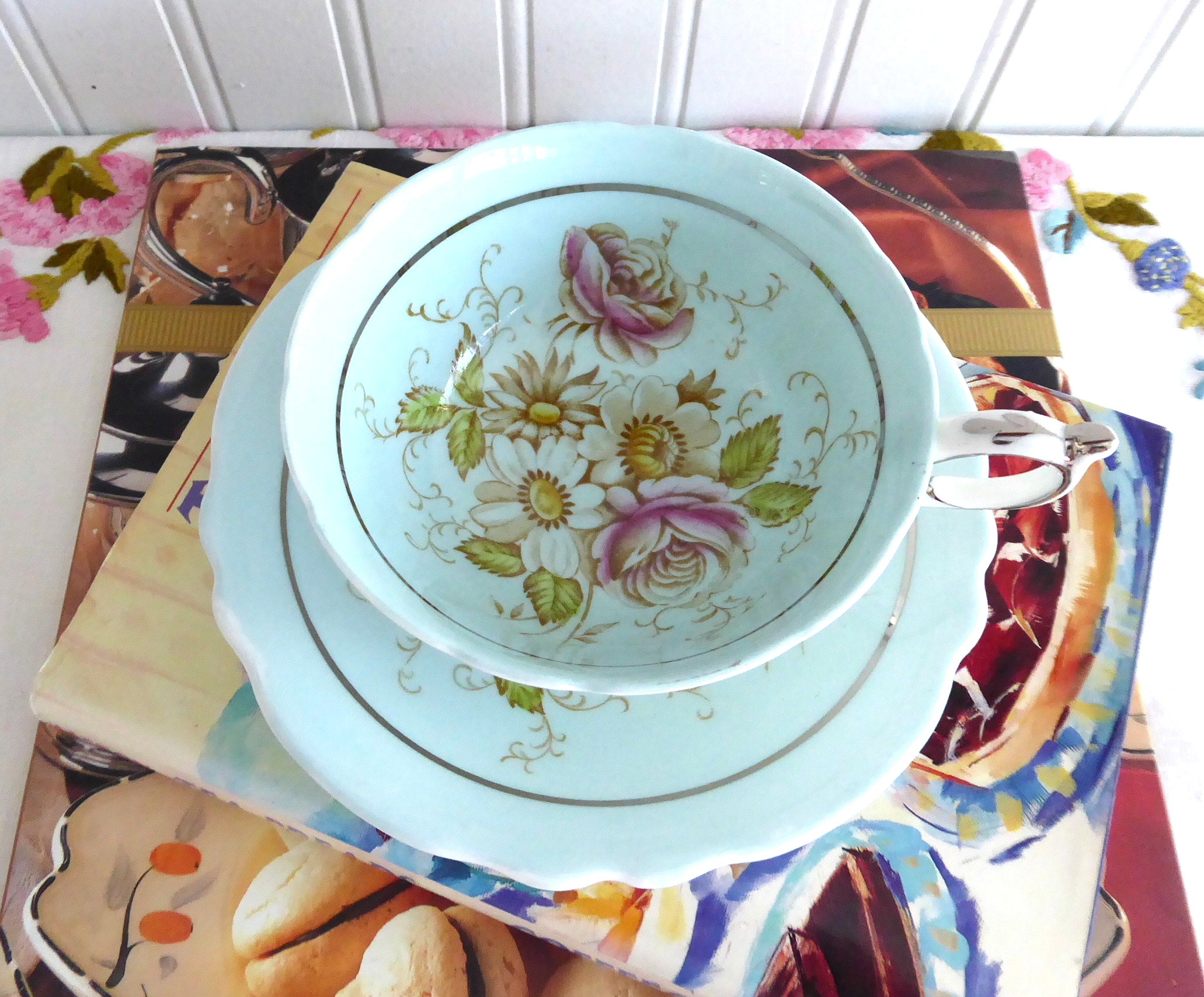 Vintage 1940s Hand-Painted Floral Paragon Cup and Saucer Set - Robin's Egg Blue with Platinum Trim | Elegant Tea Time, Bridal Shower, and Antique Collectible