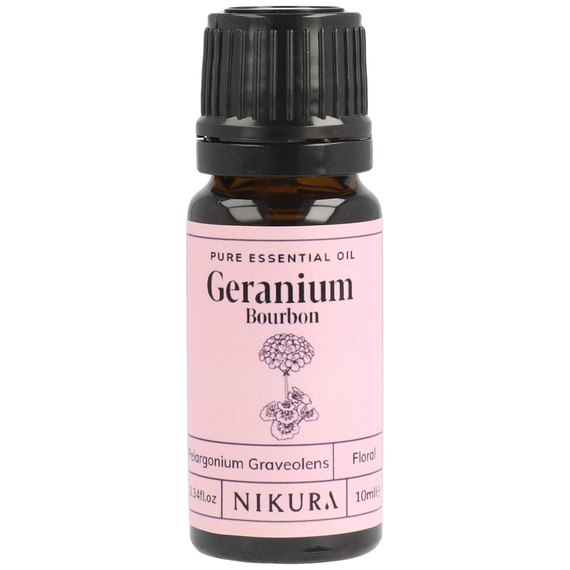 Nikura Geranium Essential Oil - 10ml | 100% Pure Natural Bourbon Geranium Oil for Aromatherapy, Sleep Aid, Stress Relief & Skin Care | Vegan, UK Made | Perfect for Diffusers, Massage, Bath & Candle Making