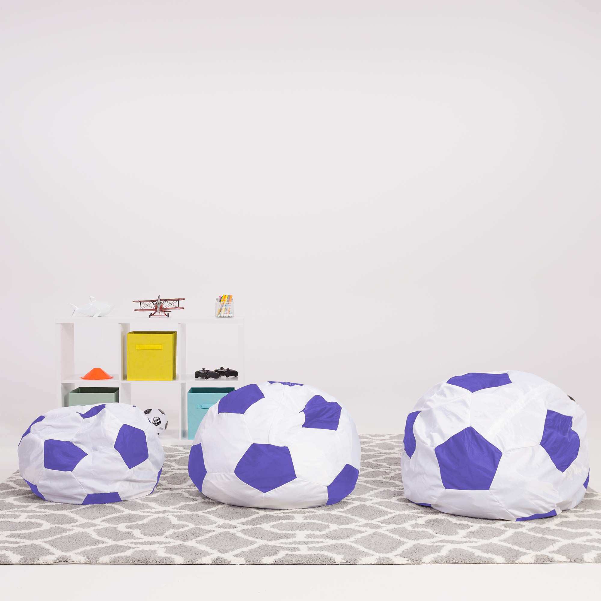 Posh Creations Kids Stuffed Animal Storage Bean Bag Chair Cover - Children's Toy Organizer, Medium 27 Inch, Soccer Ball Design in Purple and White - Perfect for Playroom, Bedroom, and Nursery Organization