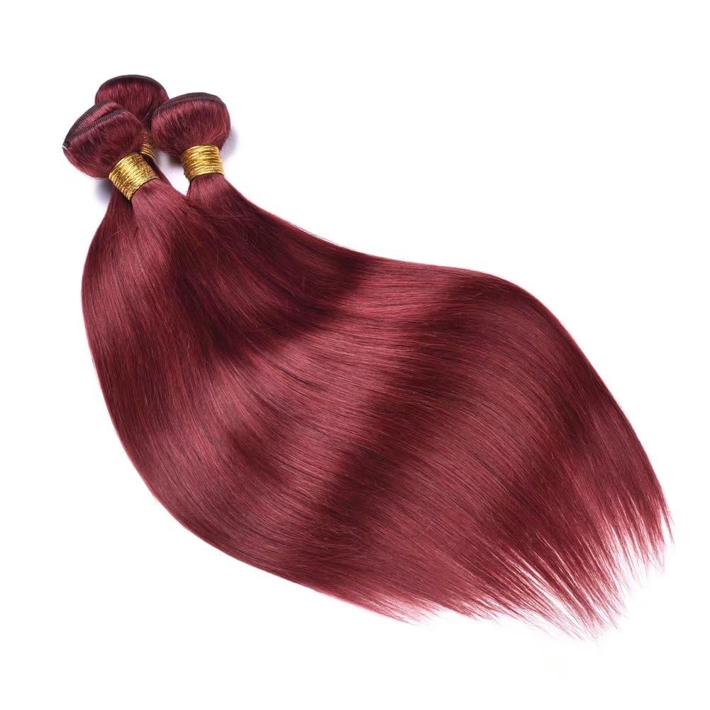FEEL ME Brazilian Virgin Hair 3 Bundles - Unprocessed Straight Human Hair Extensions (Color 33 Red, 300g Total, 14 16 18 Inches) for Stunning Length & Volume - Perfect for Daily Wear, Parties & Special Occasions