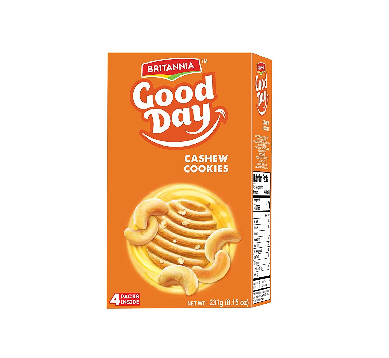Britannia Good Day Cashew Cookies 8.15oz (231g) - Crunchy Butter Cookies with Cashew Nuts - Family Pack Breakfast Snacks, Tea Time Treats & Office Snacks - Delicious Grocery Cookies (Pack of 1)
