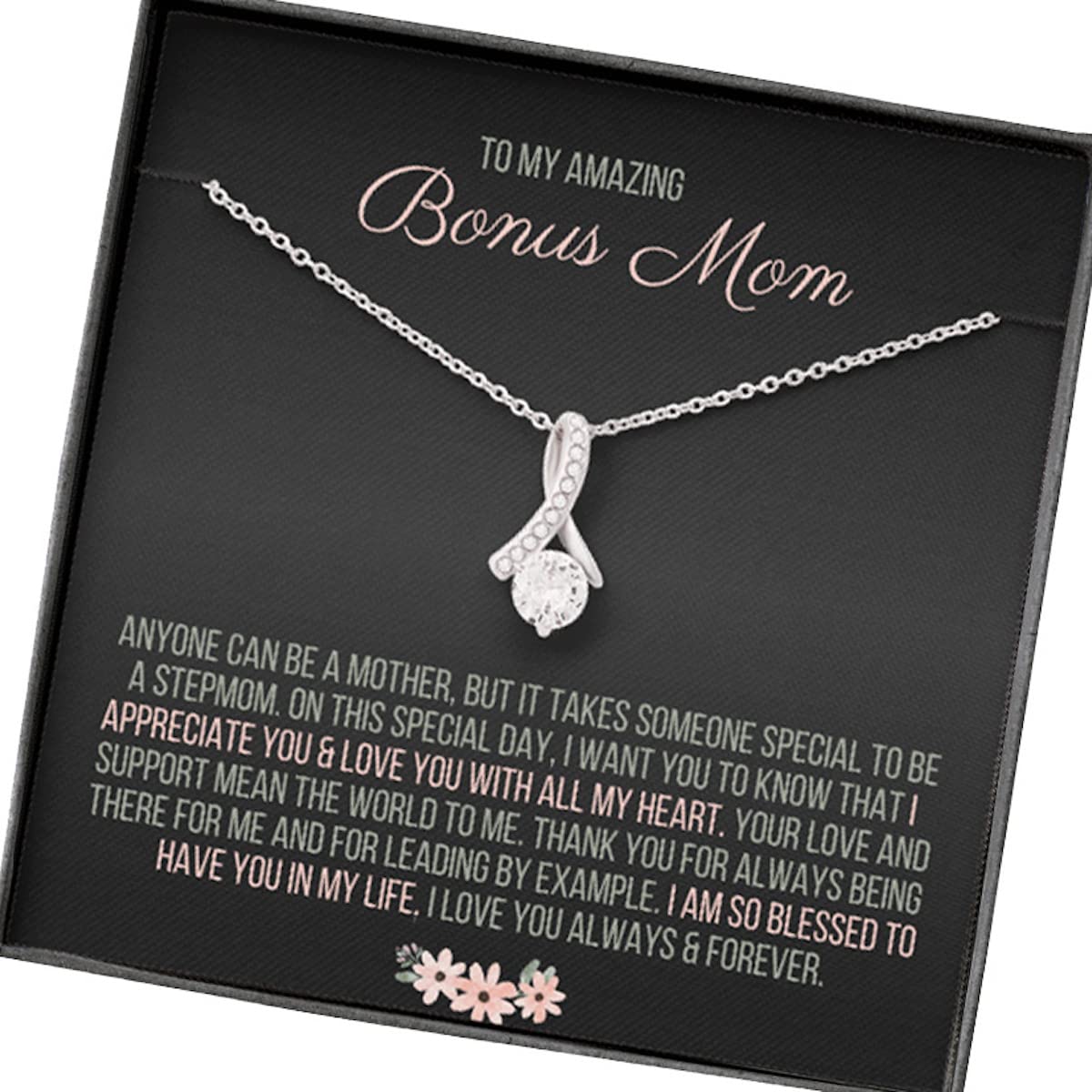 Bonus Mom Necklace Gift - Elegant Stainless Steel Pendant with Cubic Zirconia for Women | Thoughtful Stepmom Present for Mother’s Day, Birthday or Christmas | Perfect for Special Occasions, Family Celebrations and Heartfelt Moments
