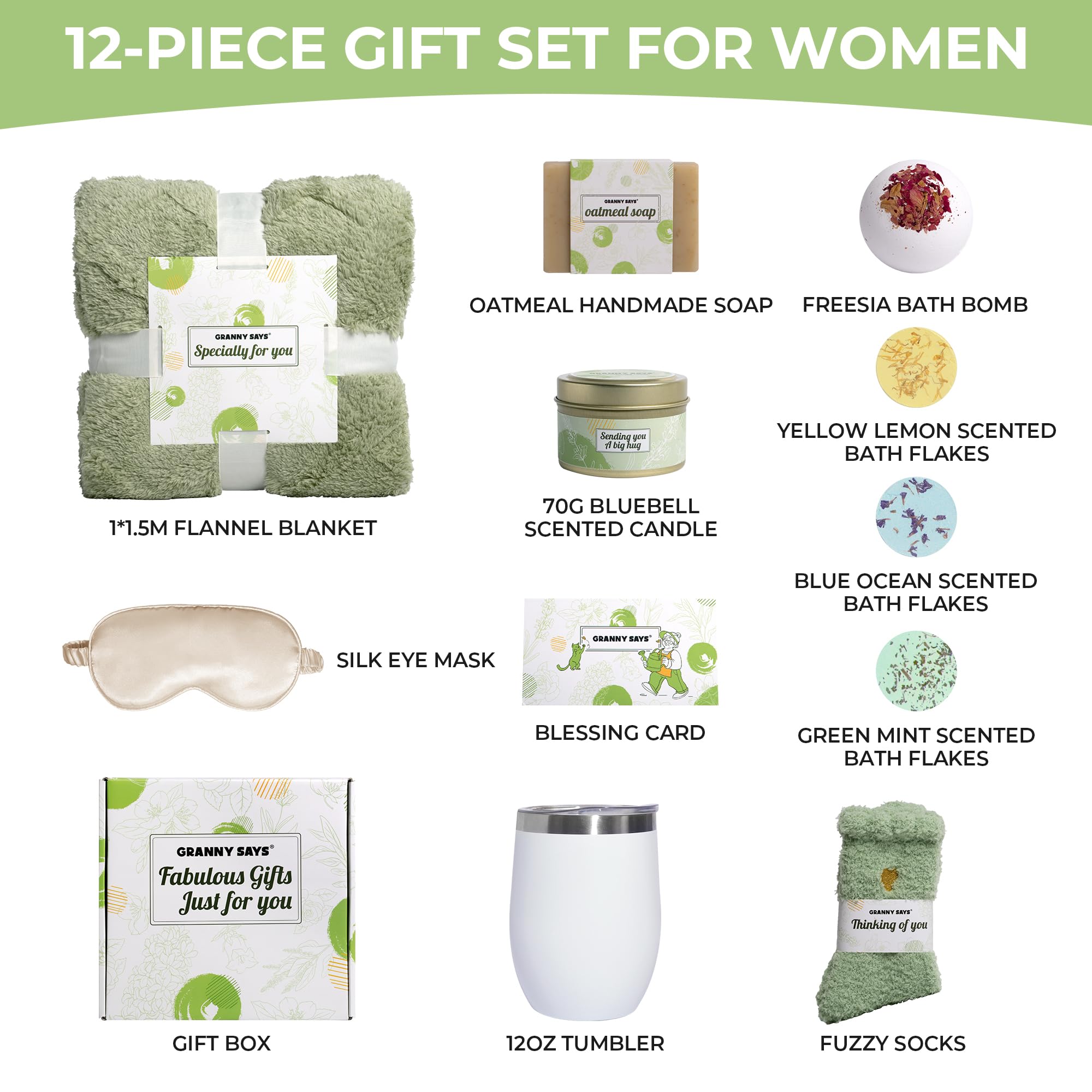 GRANNY SAYS Unique Birthday Gift Box for Women - Spa & Self Care Package with Flannel Blanket - Perfect for Mom, Wife, Sister & Best Friends (Green) | Thoughtful Get Well Soon & Relaxation Gifts for Her - Ideal for Home Spa Days, Recovery & Cozy Evenings