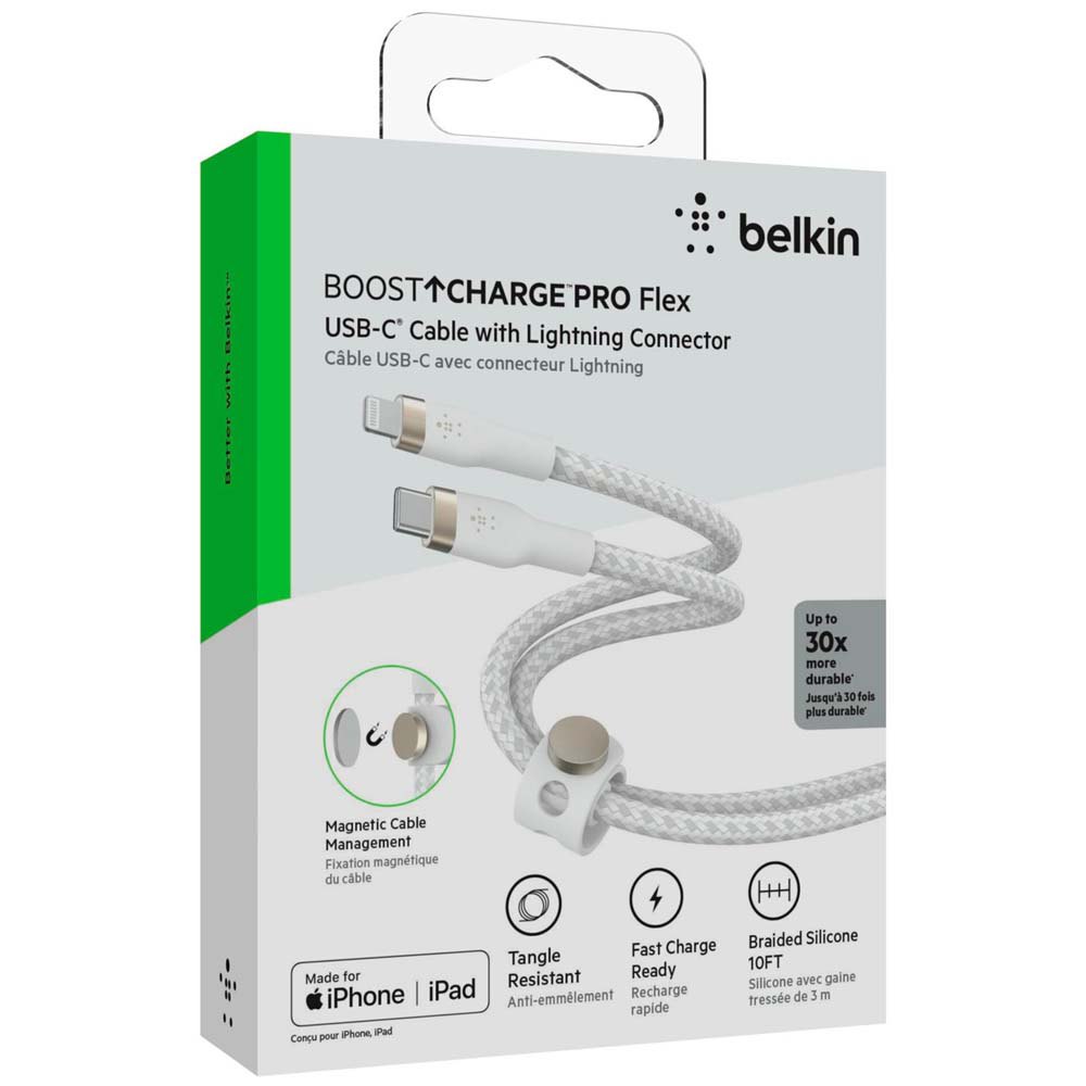 Belkin USB C to Lightning Cable 3M (10ft) Pro Flex - Fast Charging & Sync for iPhone, iPad - Durable White Cable for Home, Office & Travel