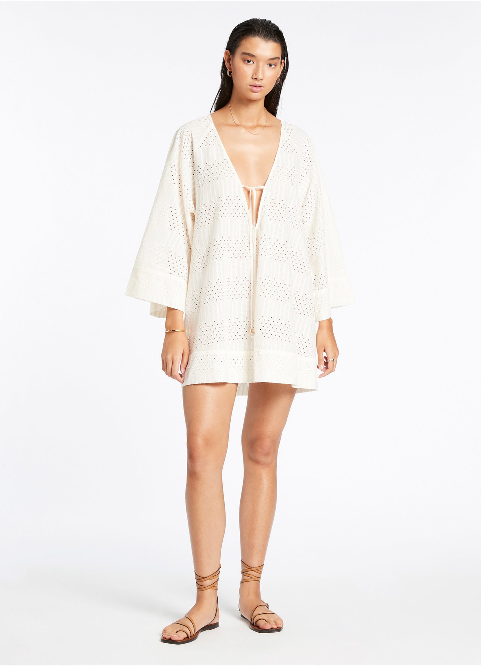 Elegant Cream Broderie Kaftan Dress - Flowy Boho Maxi Dress for Women - Perfect for Beach Vacations, Summer Parties & Resort Wear