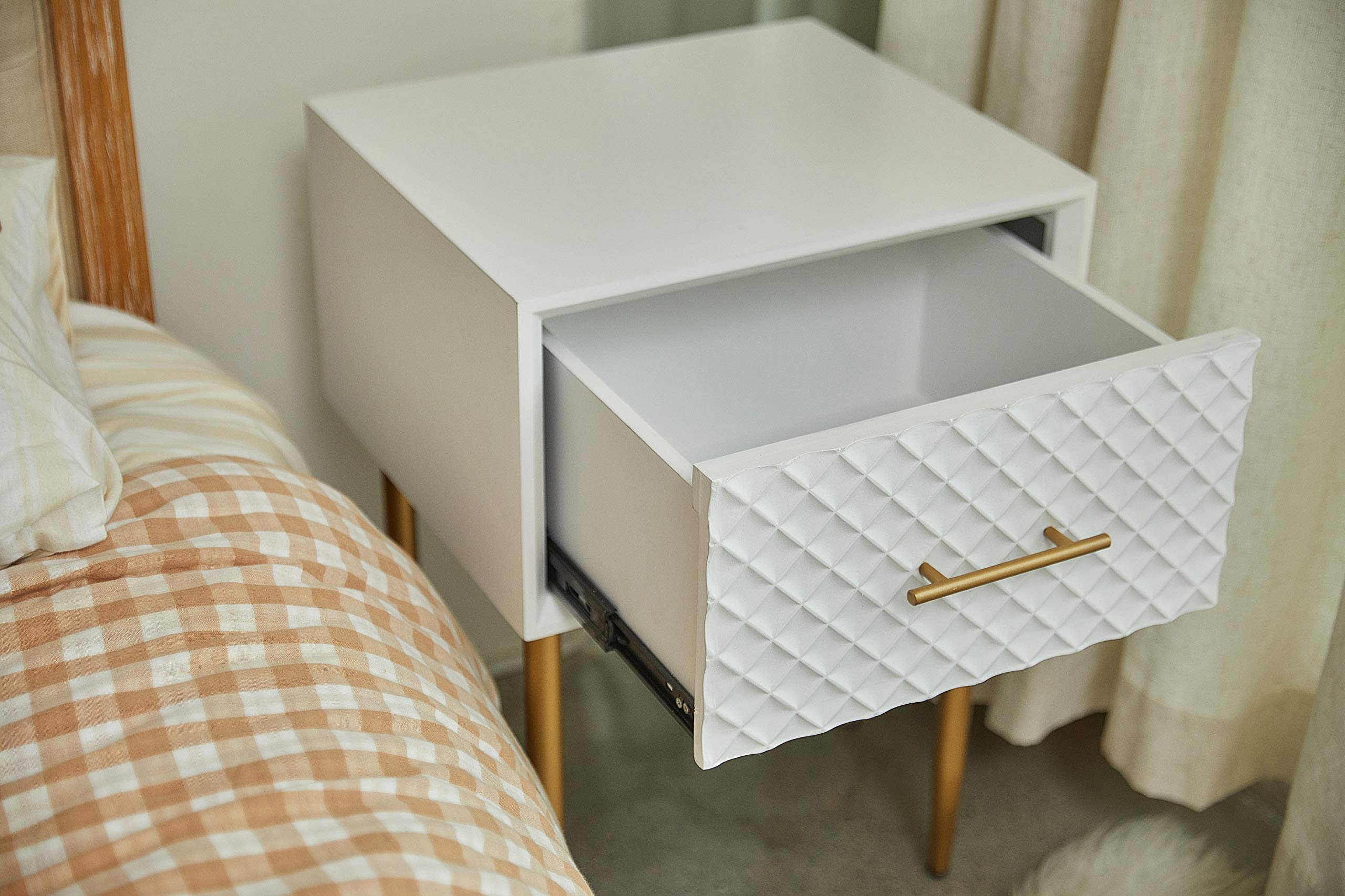 Modern White Nightstand with Waffle Pattern Drawer & Gold Legs - Diamond Pattern Side Table for Bedroom - Contemporary Retro-Inspired Raised Diamond Motif - Perfect for Small Spaces, Guest Rooms & Apartment Living