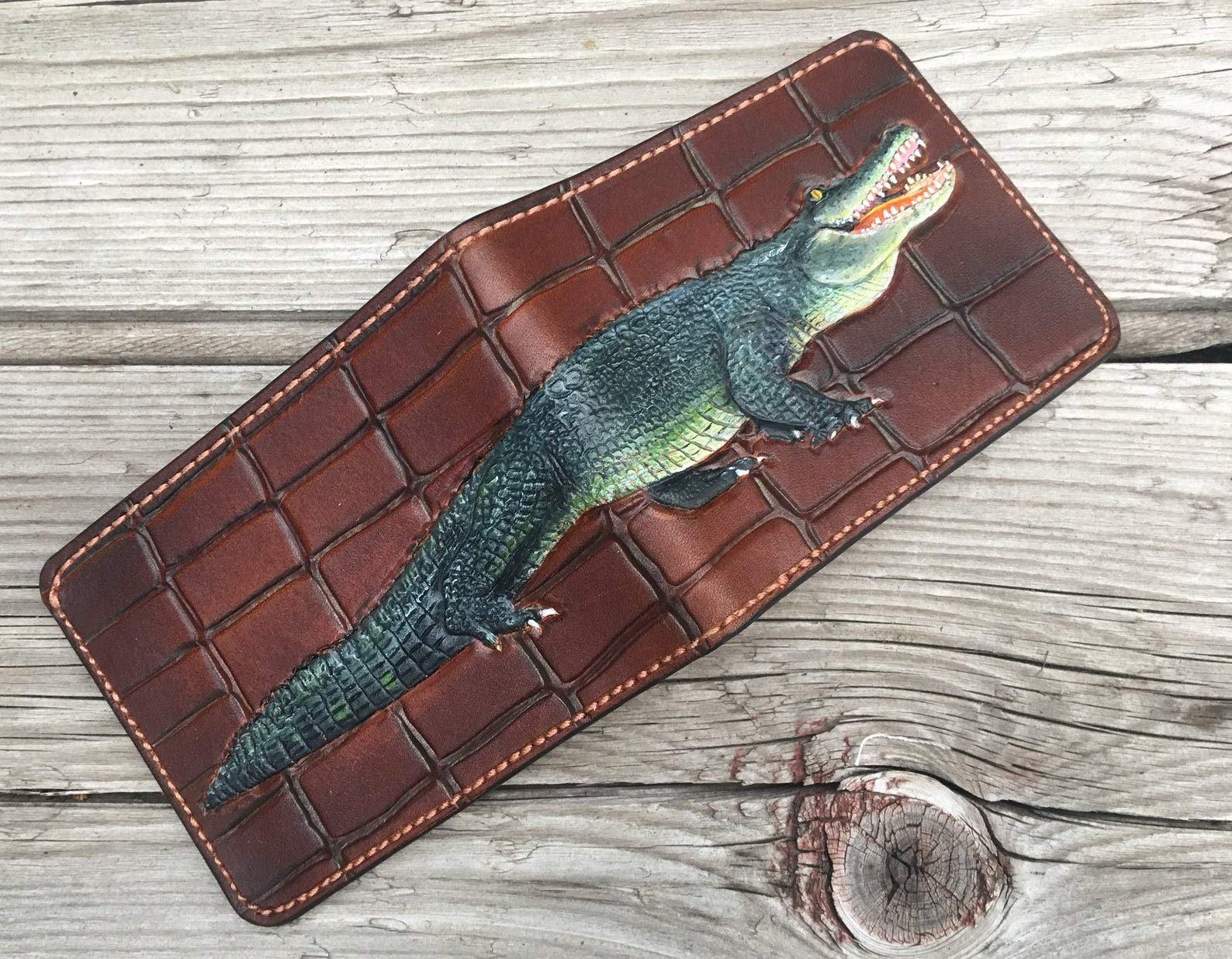 Handcrafted 3D Genuine Leather Wallet for Men - Custom Engraved Dragon & Alligator Design - Personalized Hand-Painted Leather Carving Wallet - Perfect Gift for Birthday, Anniversary & Daily Use