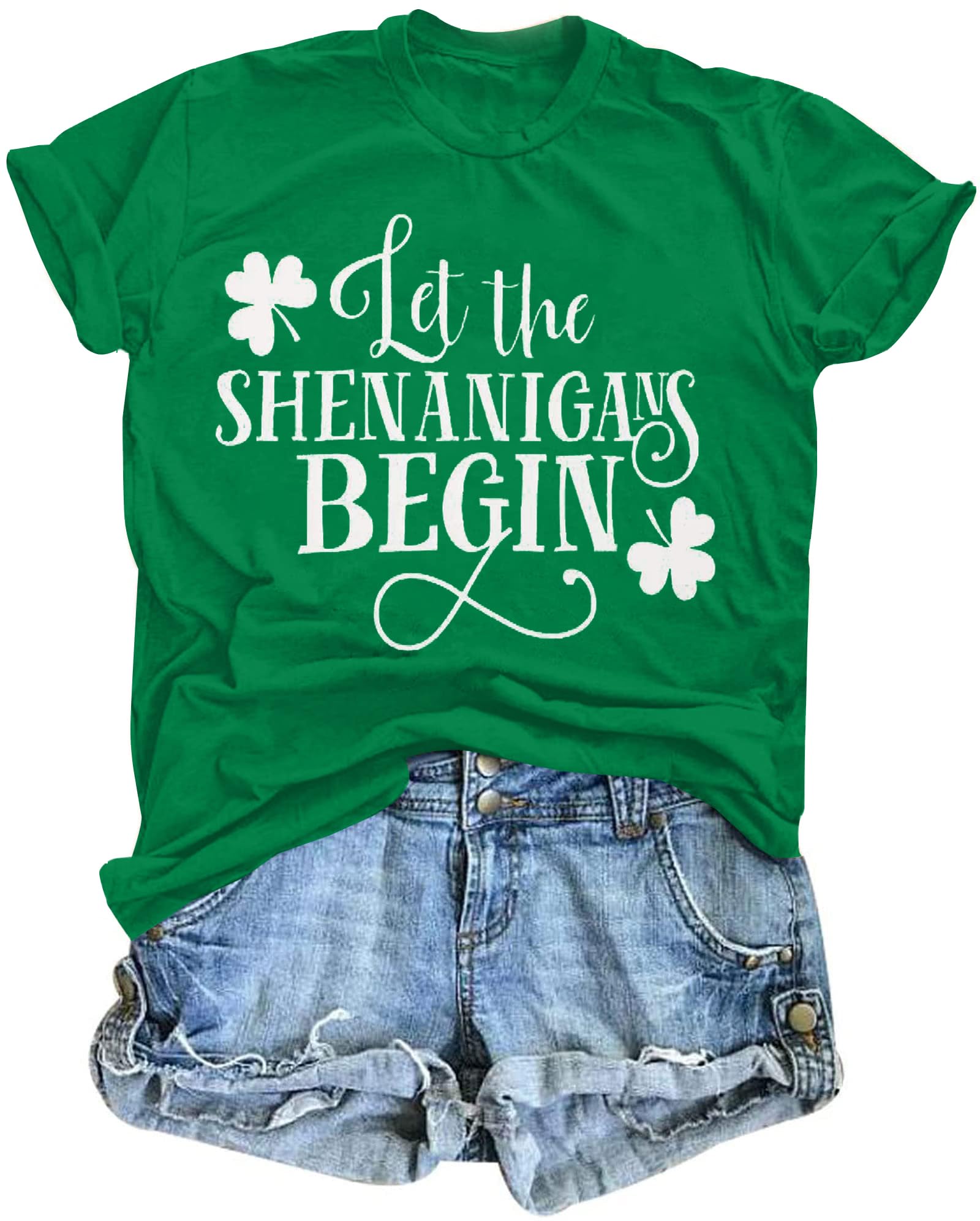 Women's St. Patrick's Day Shirt - 'Let The Shenanigans Begin' Lucky Shamrock T-Shirt with Funny Sayings | Perfect for Irish Pub Crawls, St. Paddy's Parties & Festive Outfits
