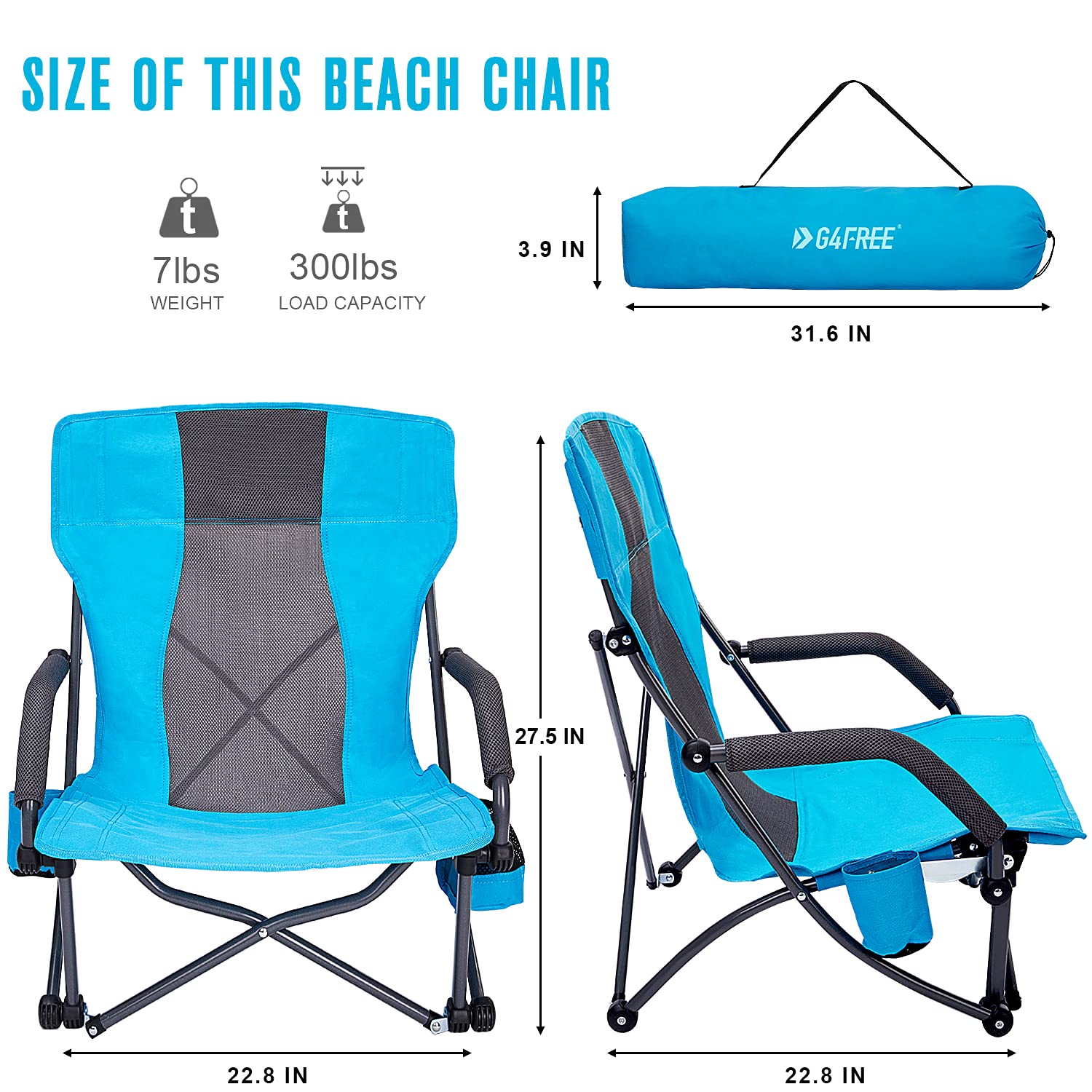 G4Free Portable Folding Beach Chair with Lumbar Support - Lightweight Camping Chair for Outdoor, Picnic, Concert & Travel - Includes Carry Bag (Blue)