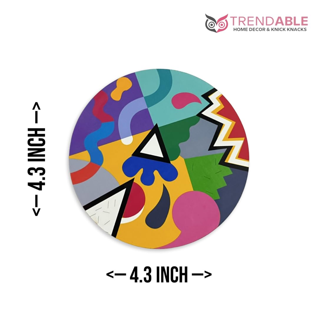 Trendy Set of 4 Wooden Tea Coasters with Colorful Abstract Art Print - 4.3 Inch Round Absorbent Coasters for Coffee Mugs & Tea Cups - Handmade in India - Perfect for Home, Office, and Gift Giving