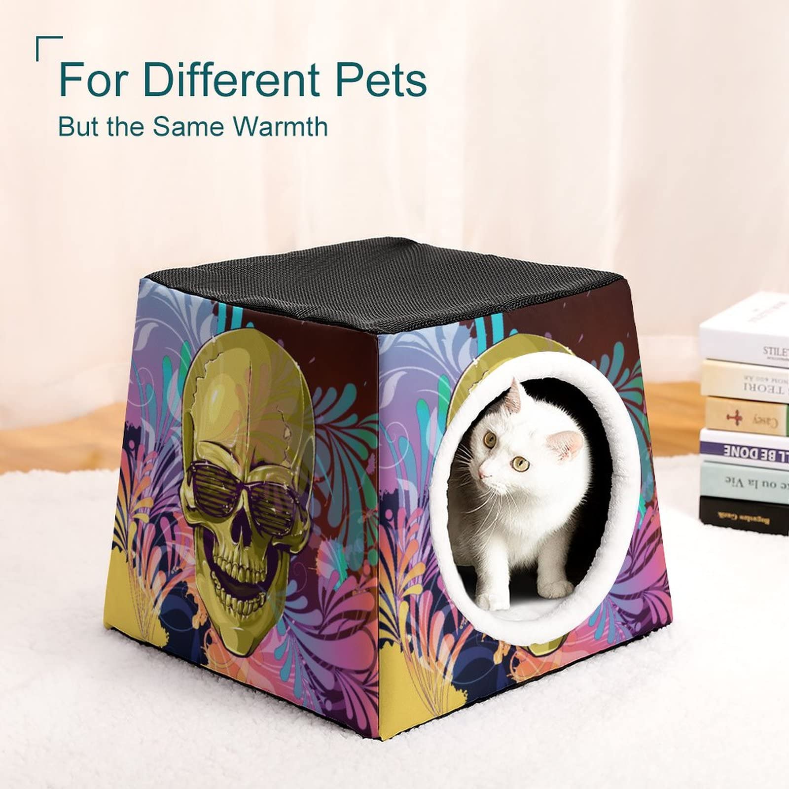 Printed Cat Cube Kitty House - Indoor Cat Bed & Small Dog Shelter - Warm & Cozy Pet Sofa with Golden Skull Design - Perfect for Cozy Napping, Playtime & Home Decor