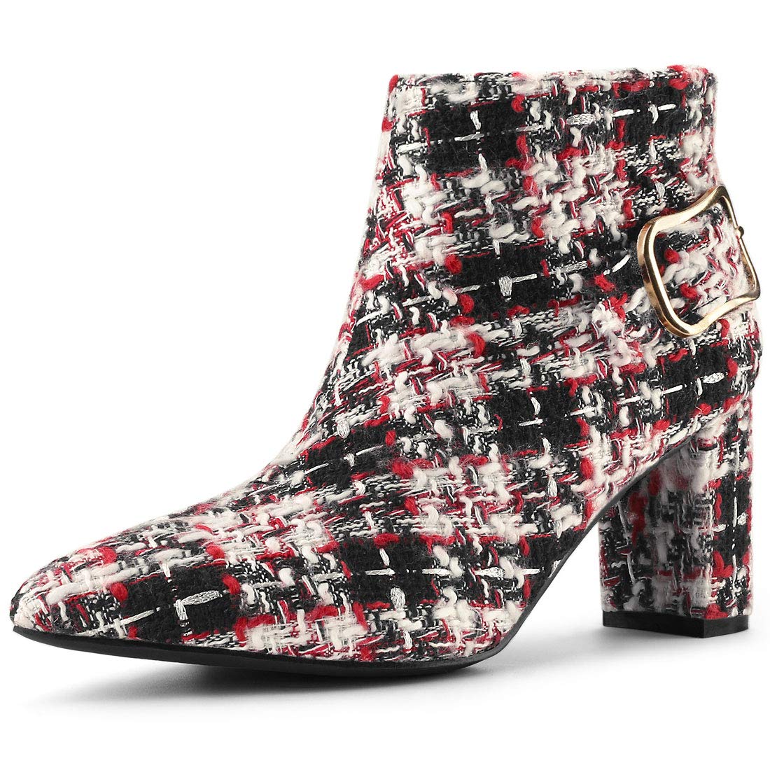 Allegra K Women's Plaid Pointed Toe Chunky Heel Ankle Boots - Stylish Fall & Winter Fashion for Office, Party & Casual Outfits