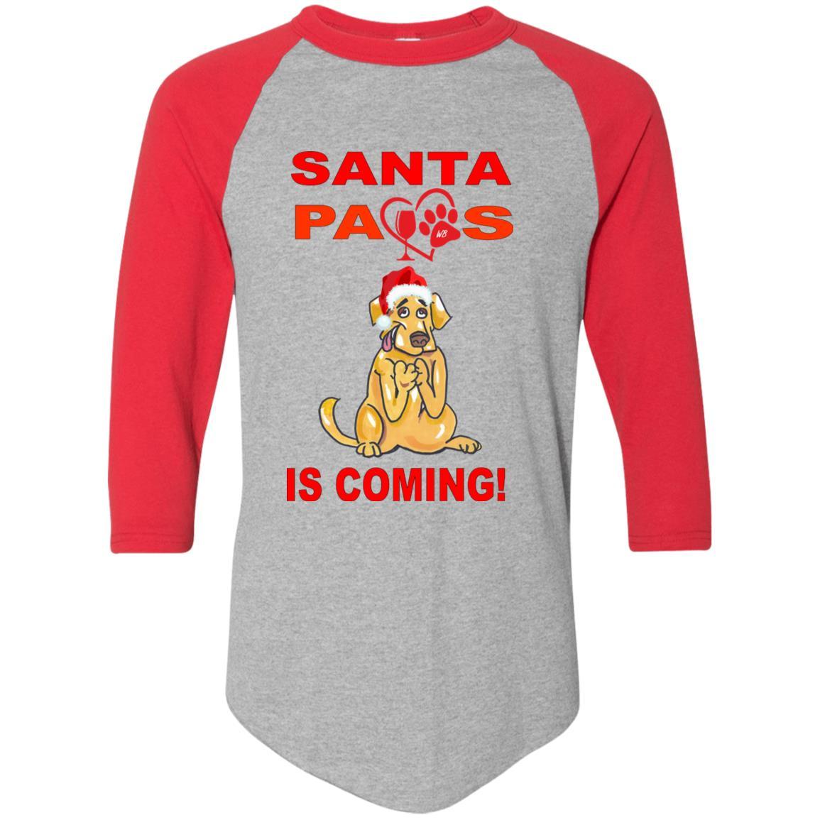 Santa Paws Is Coming Augusta Colorblock Raglan Jersey - Funny Christmas Dog Sweater for Small Medium Large Breeds - Perfect for Holiday Photos & Family Gatherings