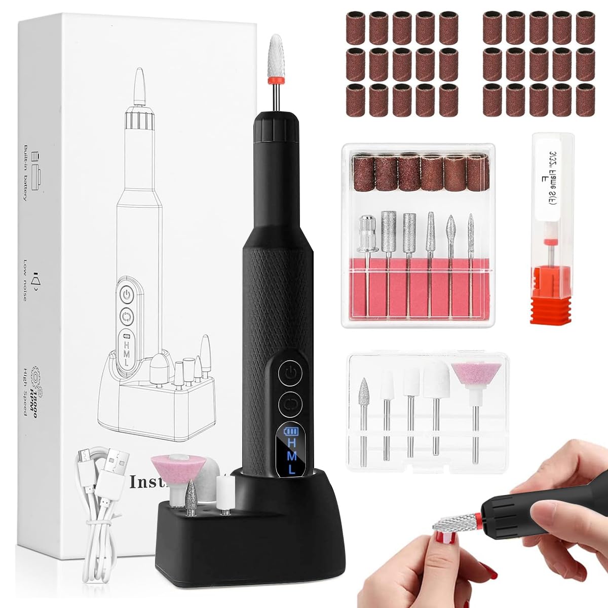 MAYCREATE® Professional Cordless Nail Drill Machine with 6 Drill Bits - Adjustable Speed Electric Nail File for Gel Polish, Acrylic Nails & Nail Extensions - Portable Manicure Pedicure Kit for Home & Salon Use