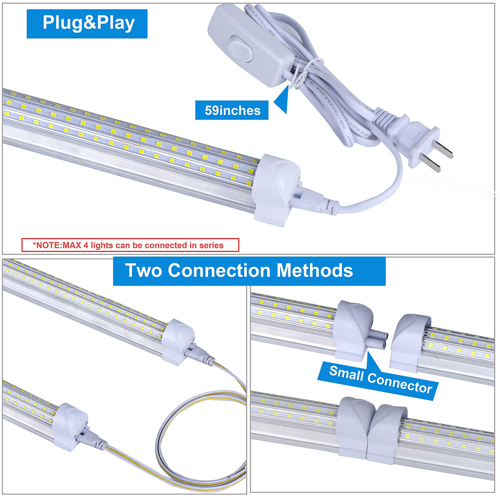 6-Pack 4FT LED Shop Lights, 75W 9000LM 5000K Daylight White U-Shape with Clear Cover - High Output Linkable T8 LED Tube Lights for Garage, Workshop, Warehouse & Basement (8 Foot with Plug) - Bright Energy Efficient Lighting Solution