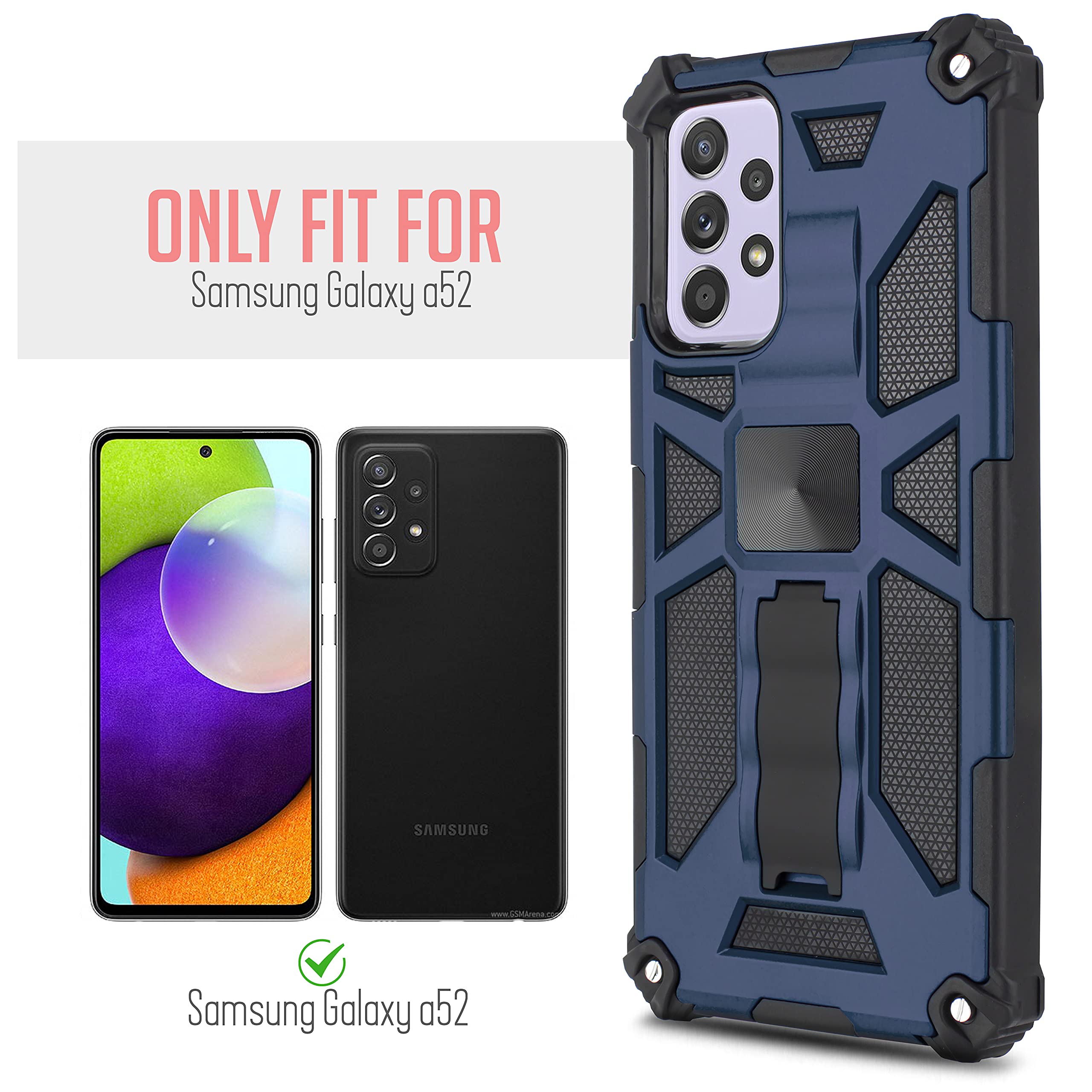Samsung Galaxy A52 5G Case with Tempered Glass Screen Protector - Rugged Hybrid Magnetic Kickstand Shockproof Phone Cover (Blue) for Outdoor Sports & Daily Protection