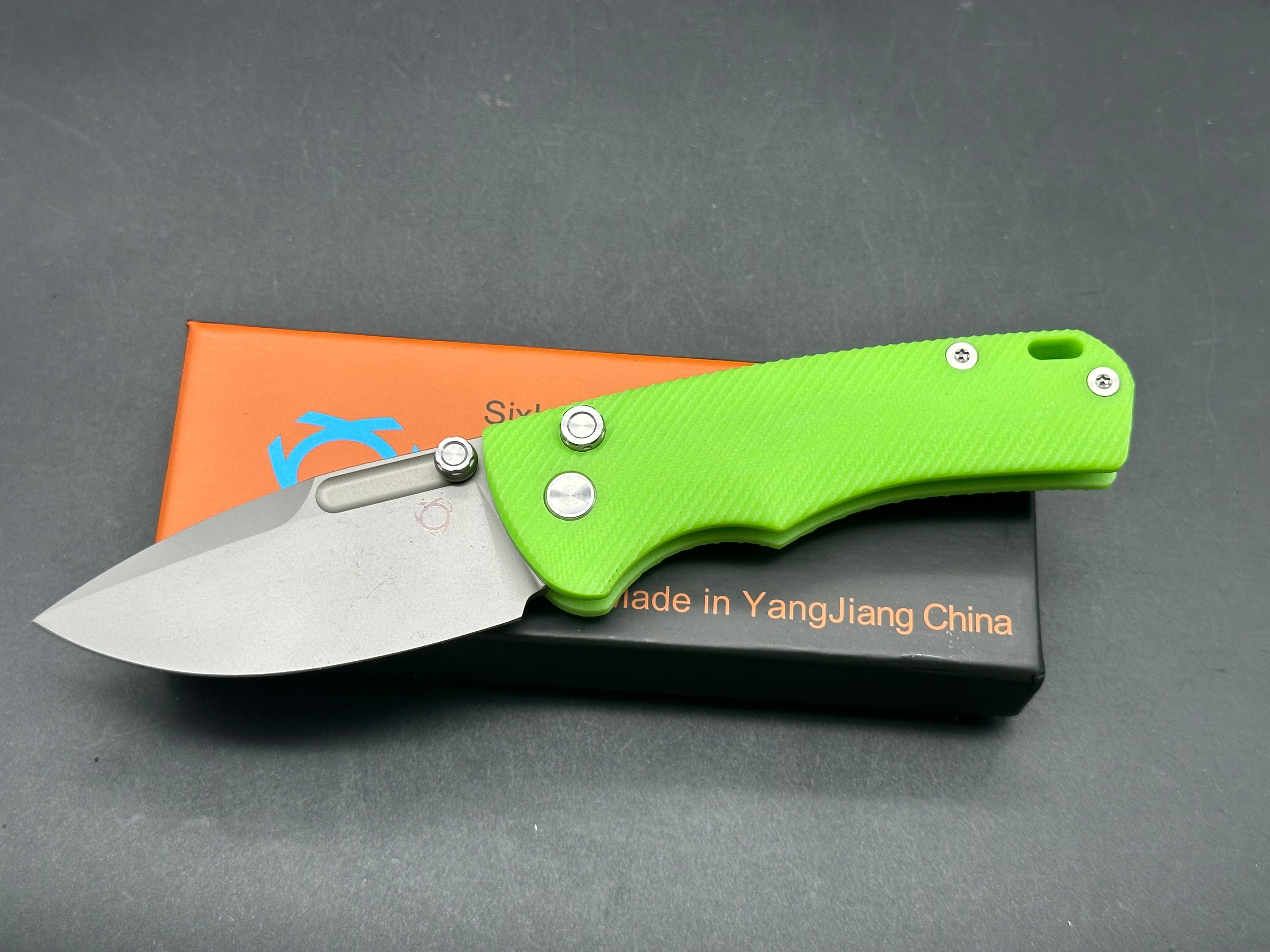Sixleaf SL 16 Button Lock Pocket Knife - Fluorescent Green G10 Scales & D2 Steel Blade - EDC Folding Knife for Outdoor, Camping & Everyday Carry