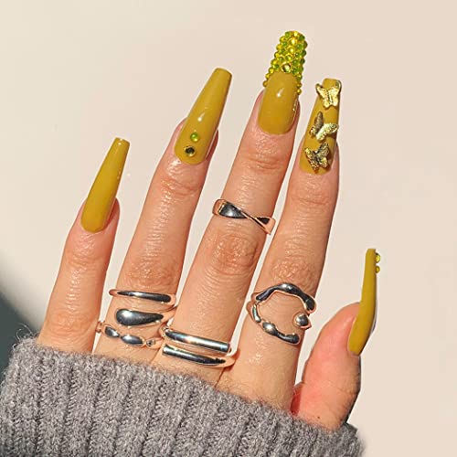 Glossy Long Coffin Fake Nails with Rhinestone & Butterfly Design - 24Pcs Press on Nails for Women | Ballerina Full Cover Artificial Nail Tips | Perfect for Parties, Weddings & Special Occasions