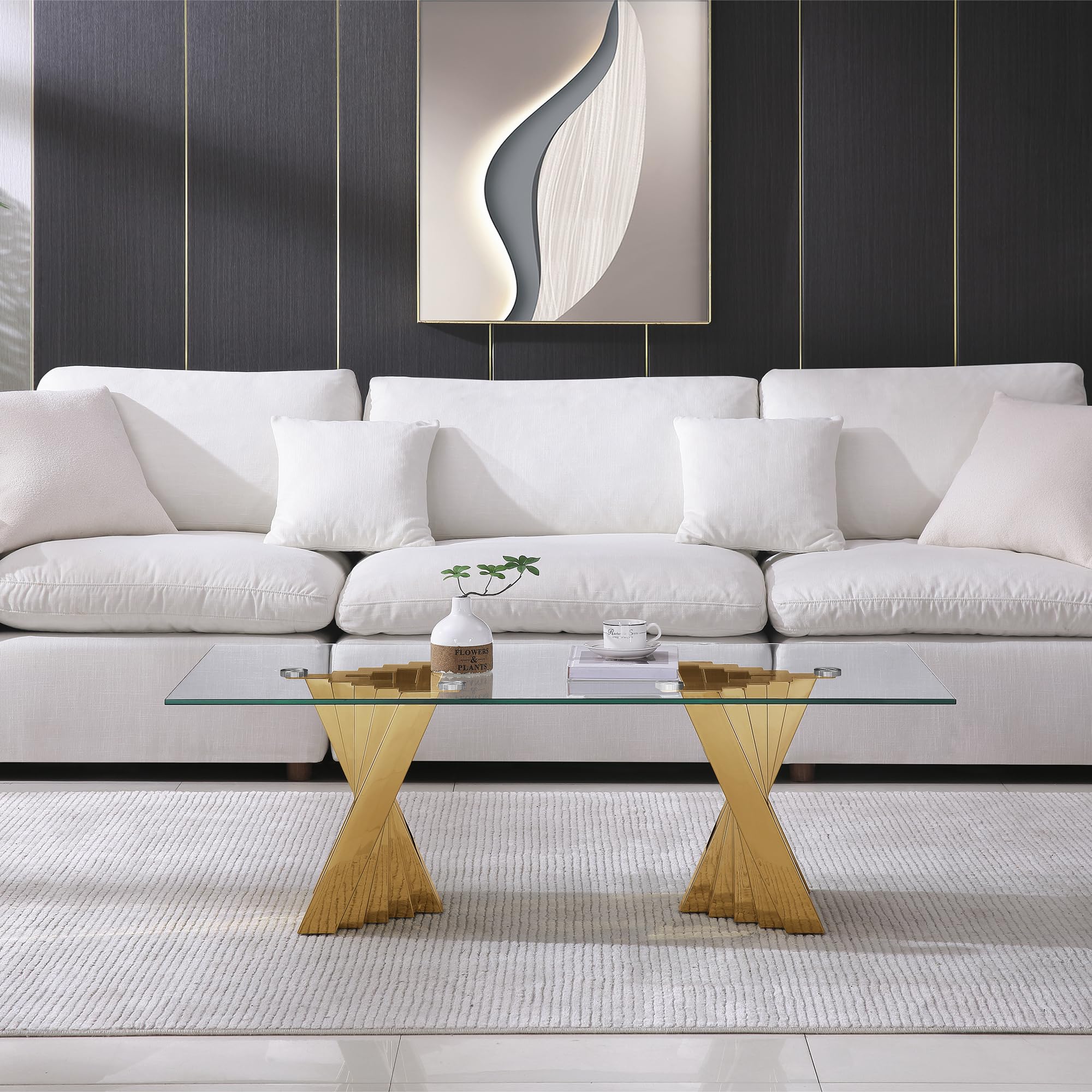 Premium 51in Rectangle Coffee Table Set with Tempered Glass Top & Gold Steel Base - Modern Living Room, Office, or Cafe Center Table for Cocktail Parties & Home Decor