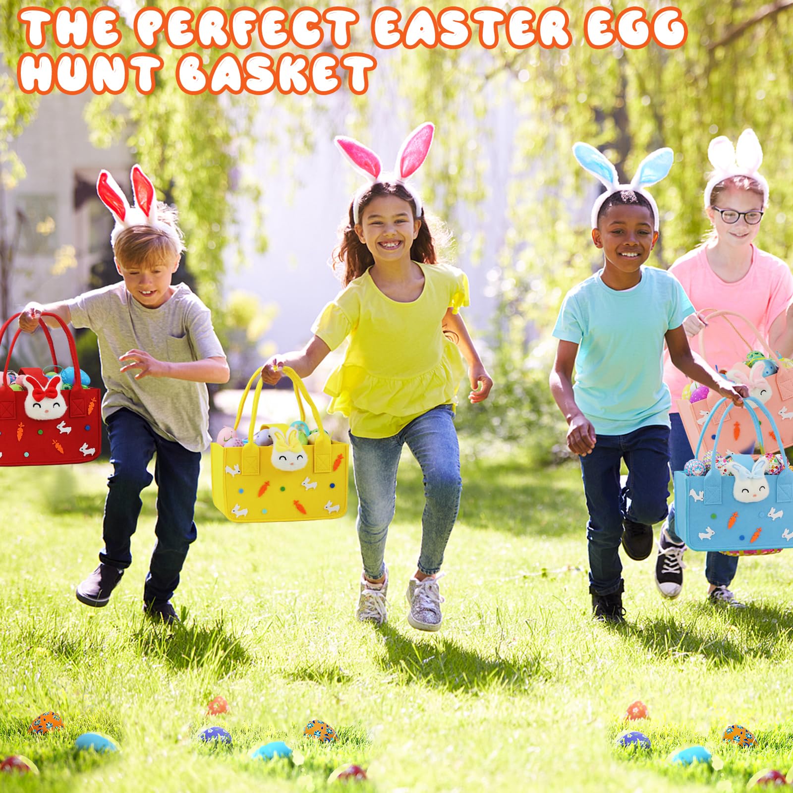 Easter Baskets with Handles - 4 Pack Reusable Felt Bunny Tote Bags for Easter Egg Hunt, Party Favors, Gift Wrapping & Easter Decorations - Perfect for Kids Easter Party, Spring Celebrations & Holiday Gift Giving