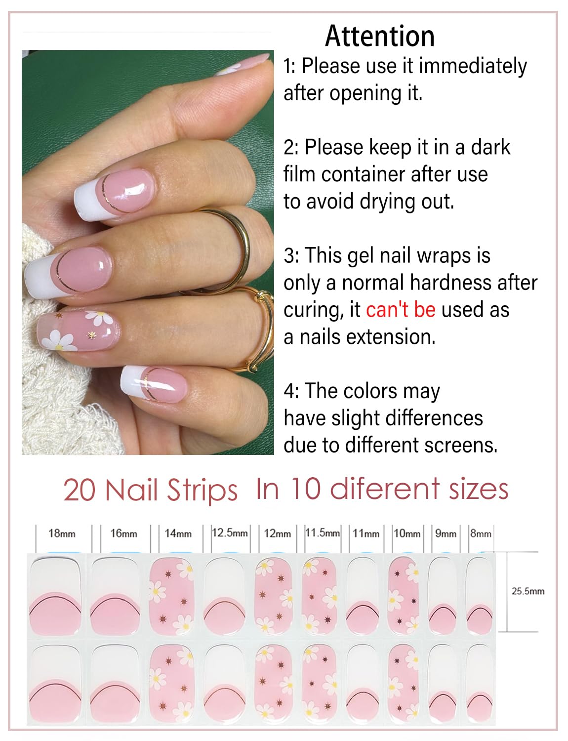 Semi Cured Gel Nail Strips 20pcs - French Pink Flower Design | DIY UV Gel Nail Wraps for Home Manicure | Perfect for Parties, Weddings & Everyday Nail Art