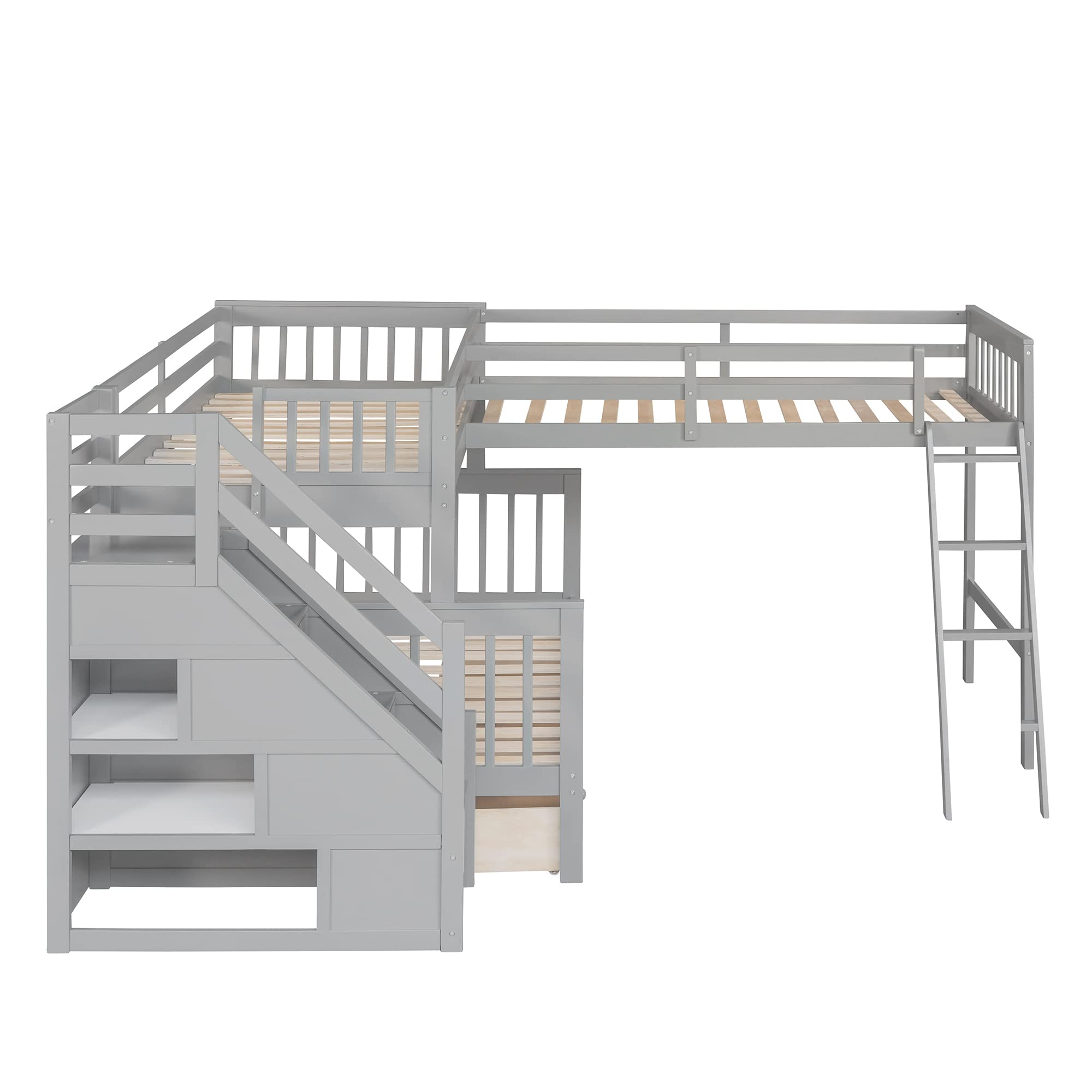 L Shaped Triple Bunk Bed with Stairs - Twin Over Full Bunk Bed with Loft & 3 Storage Drawers - Solid Wood Bunk Bed Frame for Kids, Teens, Boys & Girls (Gray) - Perfect for Small Rooms, Shared Kids' Bedrooms & Vacation Homes