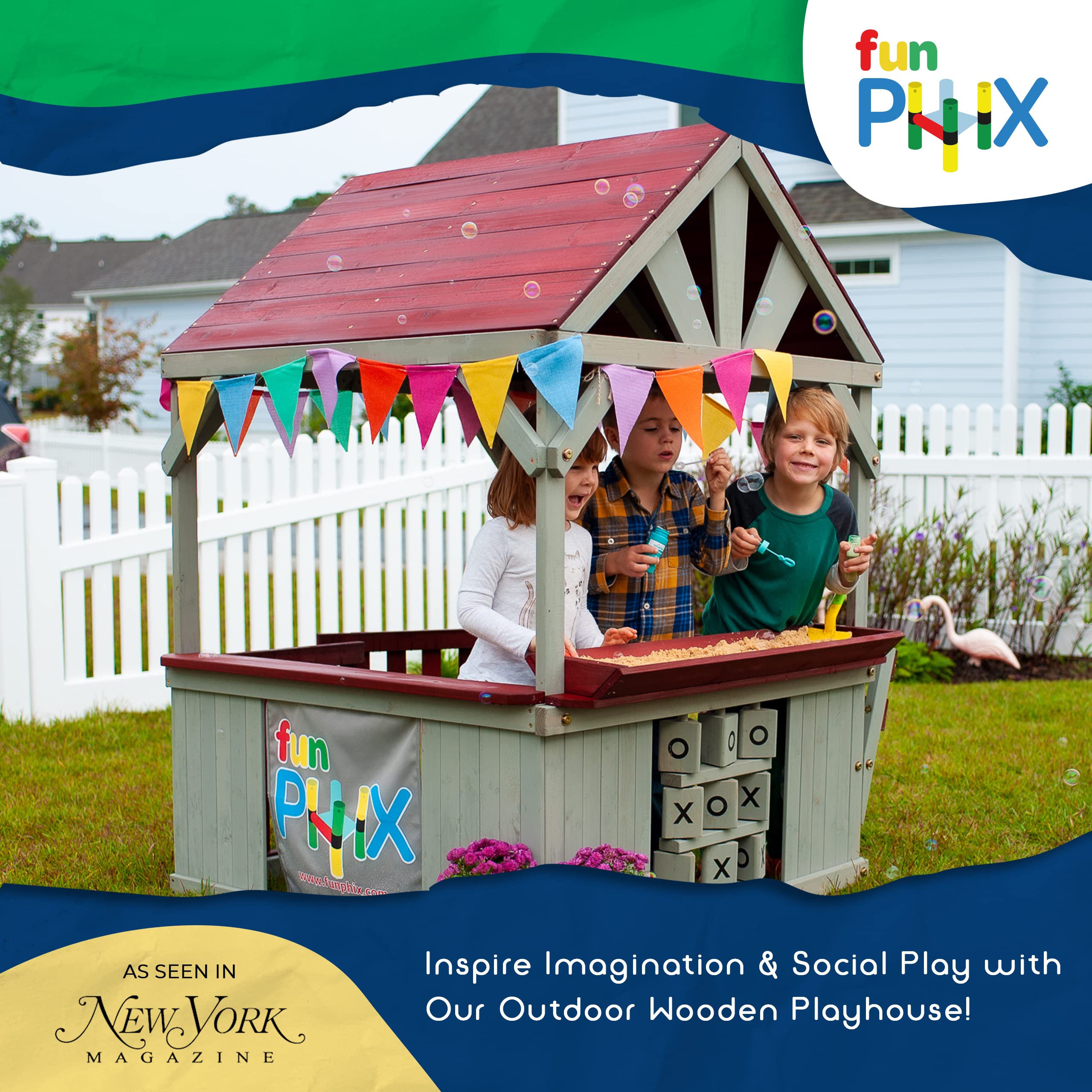 Funphix Cedar Wooden Playhouse for Kids - Outdoor Backyard Playset with Bench, Sandbox, Tic Tac Toe Game, Roof & Doors - ASTM Certified, Easy to Assemble Durable Wooden Playhouse for Toddlers & Children - Perfect for Backyard, Garden & Outdoor Playtime Activities