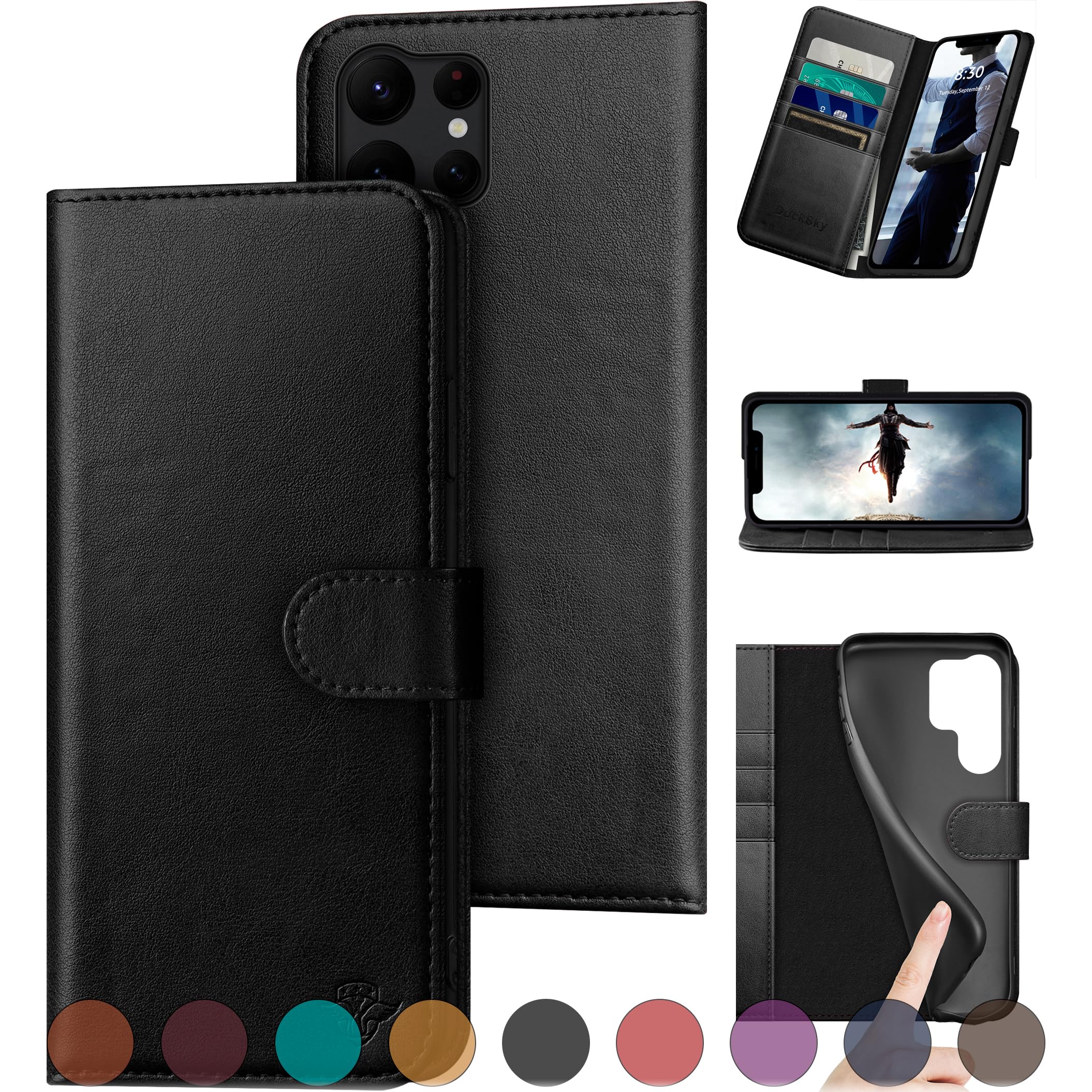 Genuine Leather Wallet Case for Samsung Galaxy S24 Ultra - RFID Blocking, 4 Credit Card Holder, Flip Folio Book Cover - Protective Phone Case for Women & Men (Black) | Perfect for Business, Travel & Everyday Use