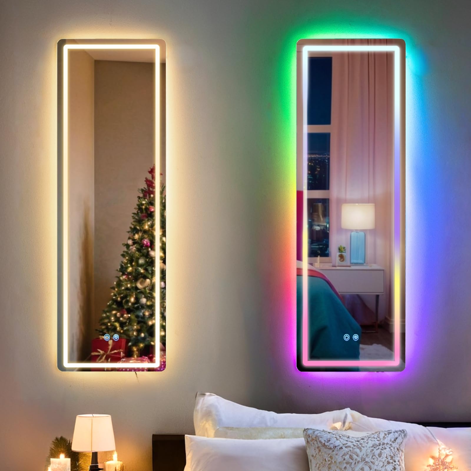 LUXFURNI Full Length LED Mirror with RGB Dimmable Lights - Wall Mounted Full Body Mirror 42.32x14 Inch for Bedroom, Bathroom, Vanity & Dressing Room