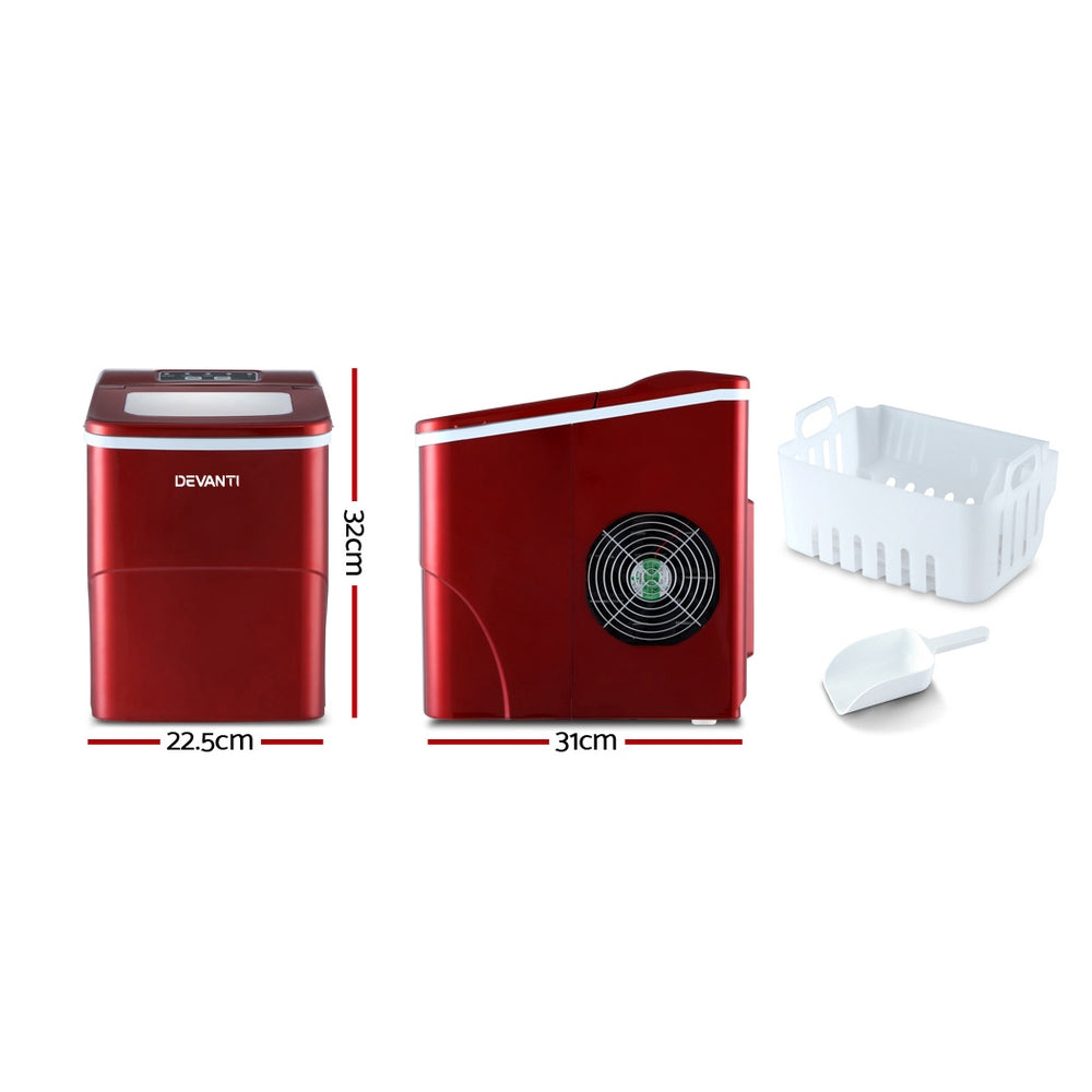 Devanti 2L Portable Ice Maker Machine - Fast & Easy Countertop Ice Cube Maker for Home, Bar, Office, RV & Outdoor Use - Red