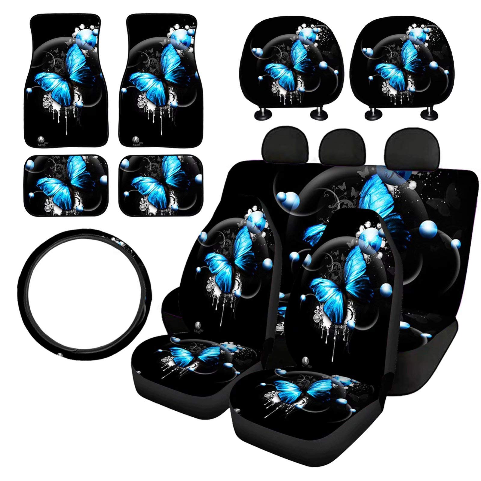 Dolyues 11-Piece Car Floor Mats Set with Blue Butterfly Star Design - Non-Slip Rubber Backing, Front & Back Seat Covers, Black Elastic Steering Wheel Cover, and Headrest Covers for Women | Perfect for Sedans, SUVs, and Trucks | Car Interior Protection & Style Upgrade
