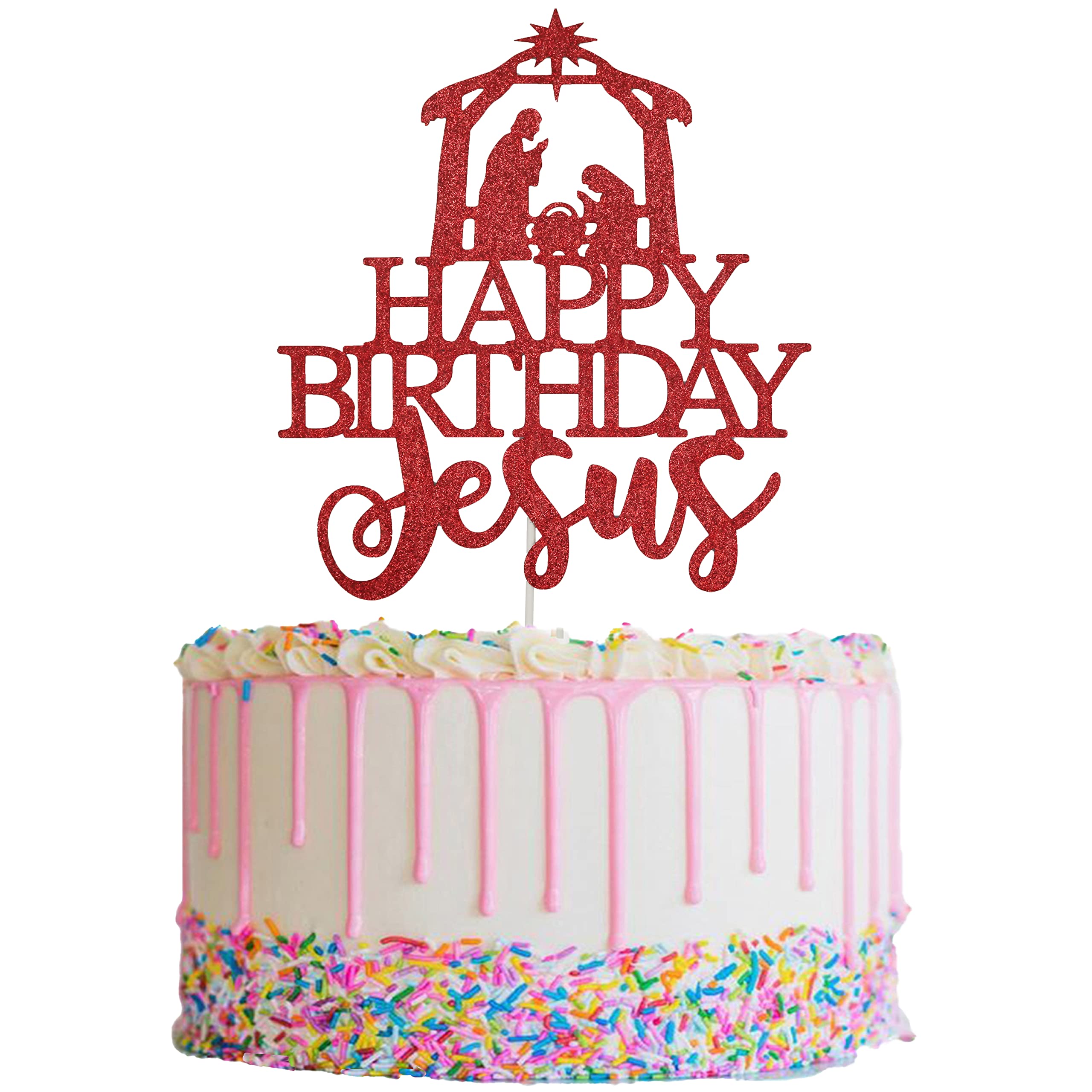 Happy Birthday Jesus Cake Topper - Red Glitter Jesus Nativity Cake Decor for Christmas & Religious Celebrations - Perfect for Nativity Scene, Christmas Birthday Parties & Holiday Decorations