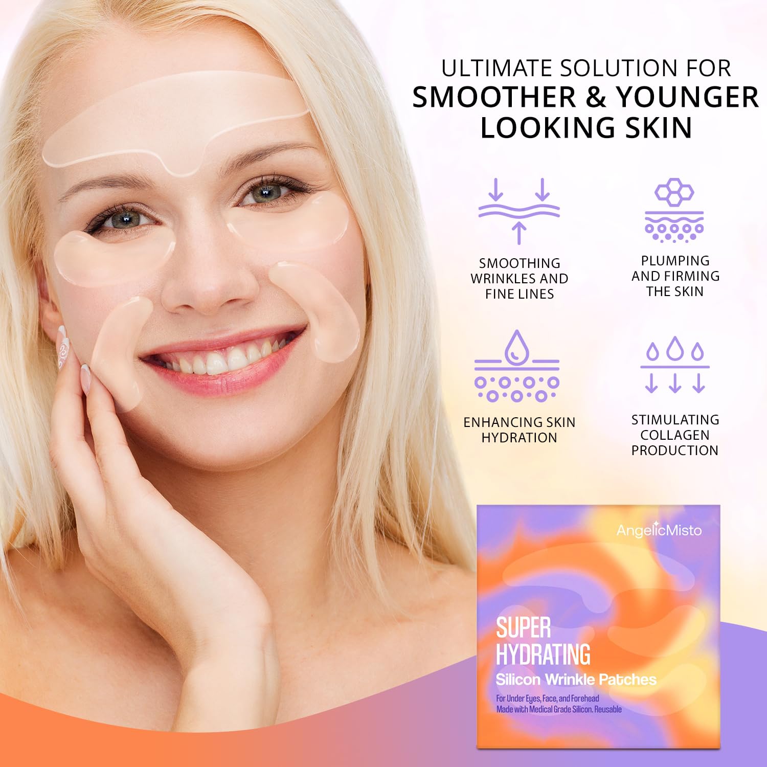 AngelicMisto Reusable Silicone Patches for Under Eye, Face & Forehead Wrinkles - Anti-Aging Skincare Treatment for Dark Circles & Fine Lines | Perfect for Nighttime Routine & Travel