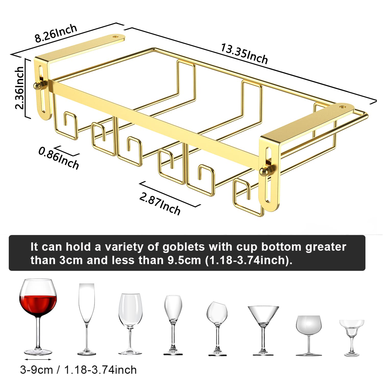 Gold Under Cabinet Wine Glass Rack - Stemware Holder for Kitchen Shelves & Bars - Space-Saving Wine Glass Hanger for Organized Storage & Easy Access