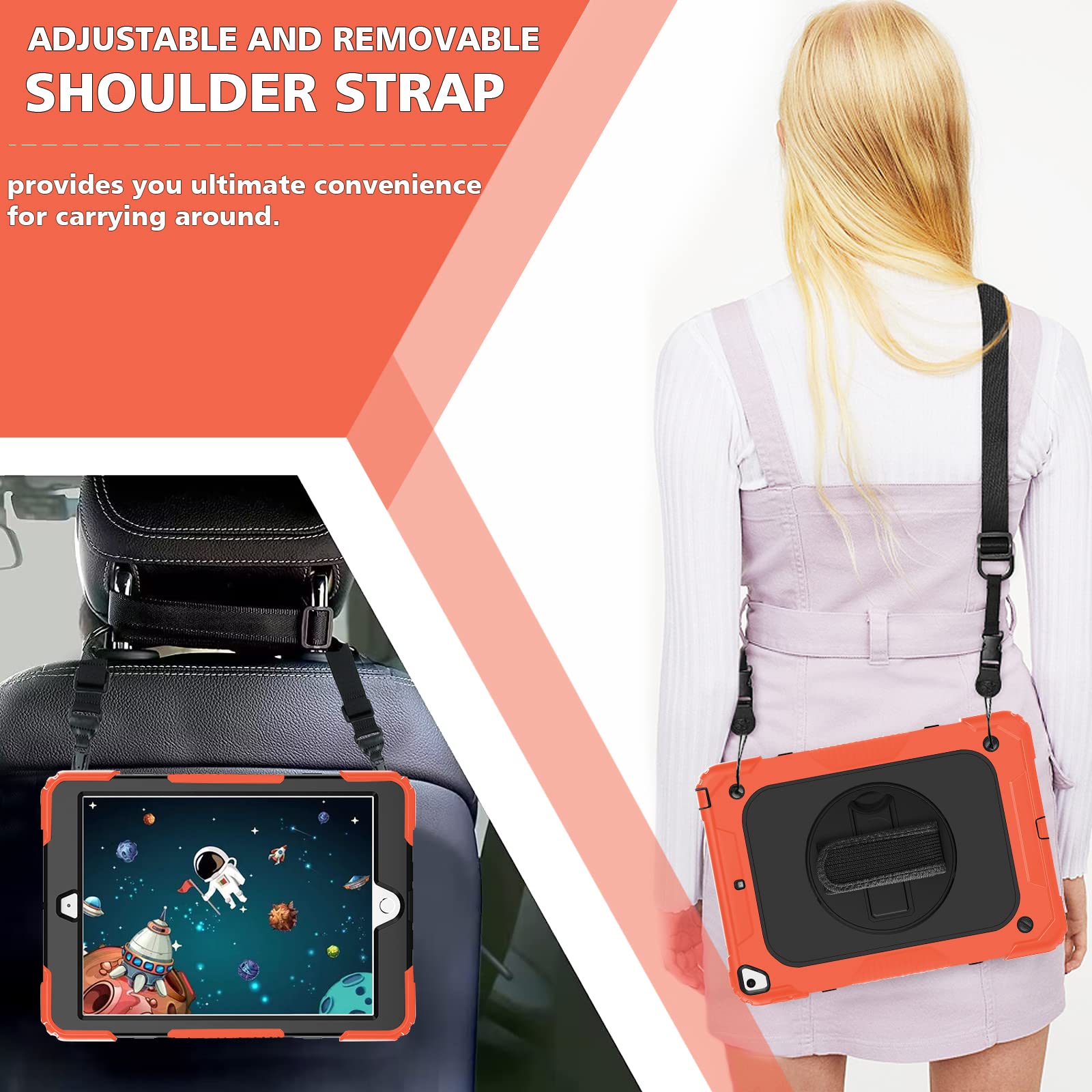 Shockproof iPad 10.2 Case for 9th/8th/7th Gen (2021/2020/2019) with 360° Rotating Hand Strap, Pencil Holder & Shoulder Strap - Durable Protective Cover for Work, Travel & Outdoor Use (Orange)