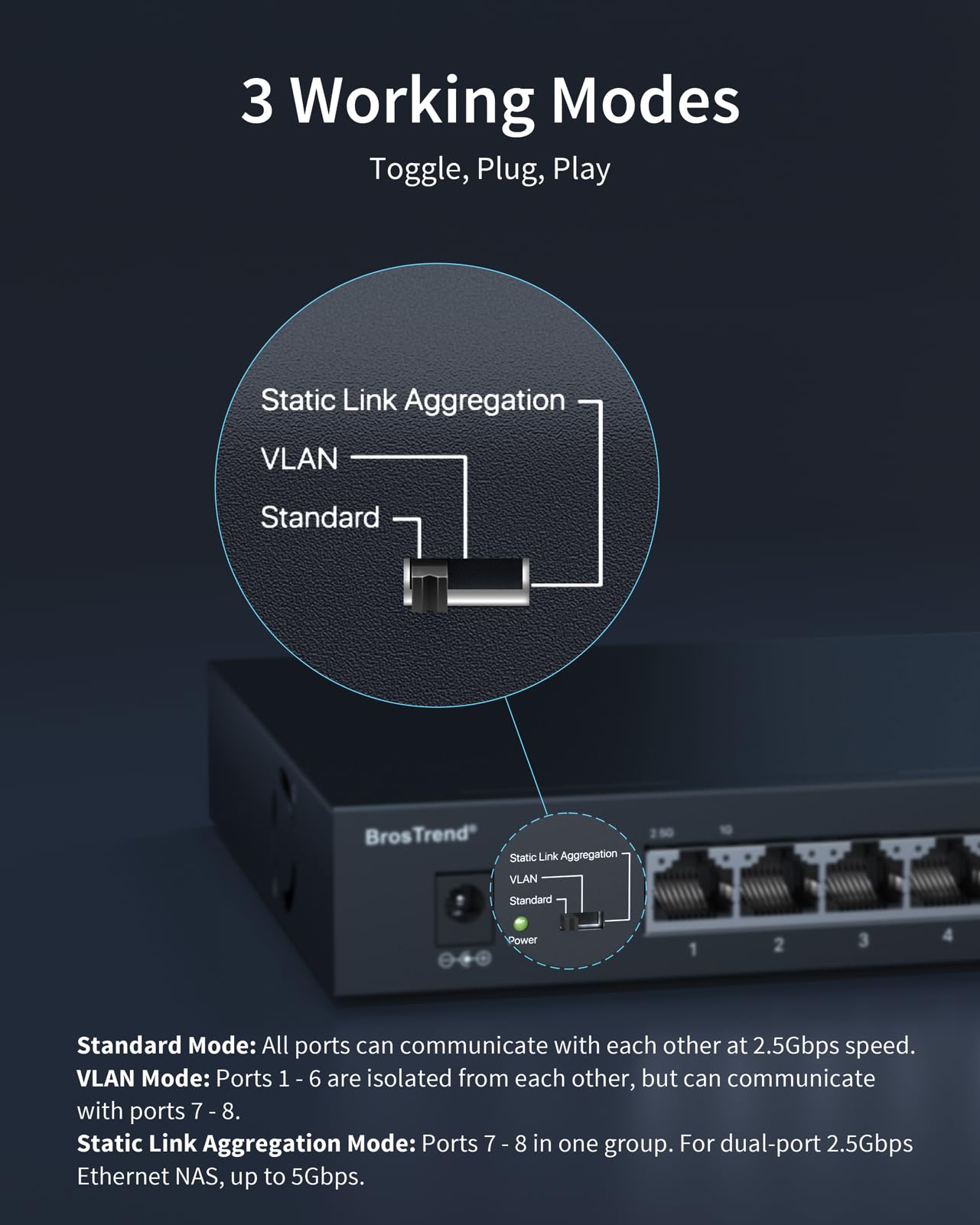 BrosTrend 8-Port 2.5G Multi-Gigabit Ethernet Switch - Unmanaged Network Switch with VLAN Support, Static Link Aggregation, Silent Operation, Wall Mountable for Home & Small Business Use - Lifetime Warranty - Perfect for Home Office, Gaming Setup, and Small Business Networks