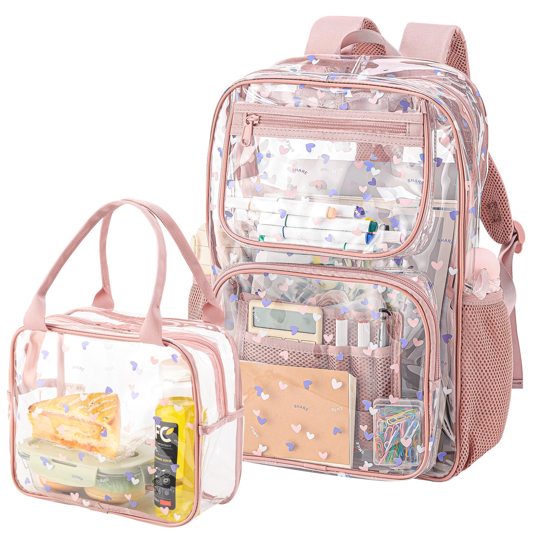 Heavy Duty Clear Backpack and Lunch Box Set for Girls - Durable, Stylish, and Practical School Supplies (Pink) - Perfect for School, Travel, and Work