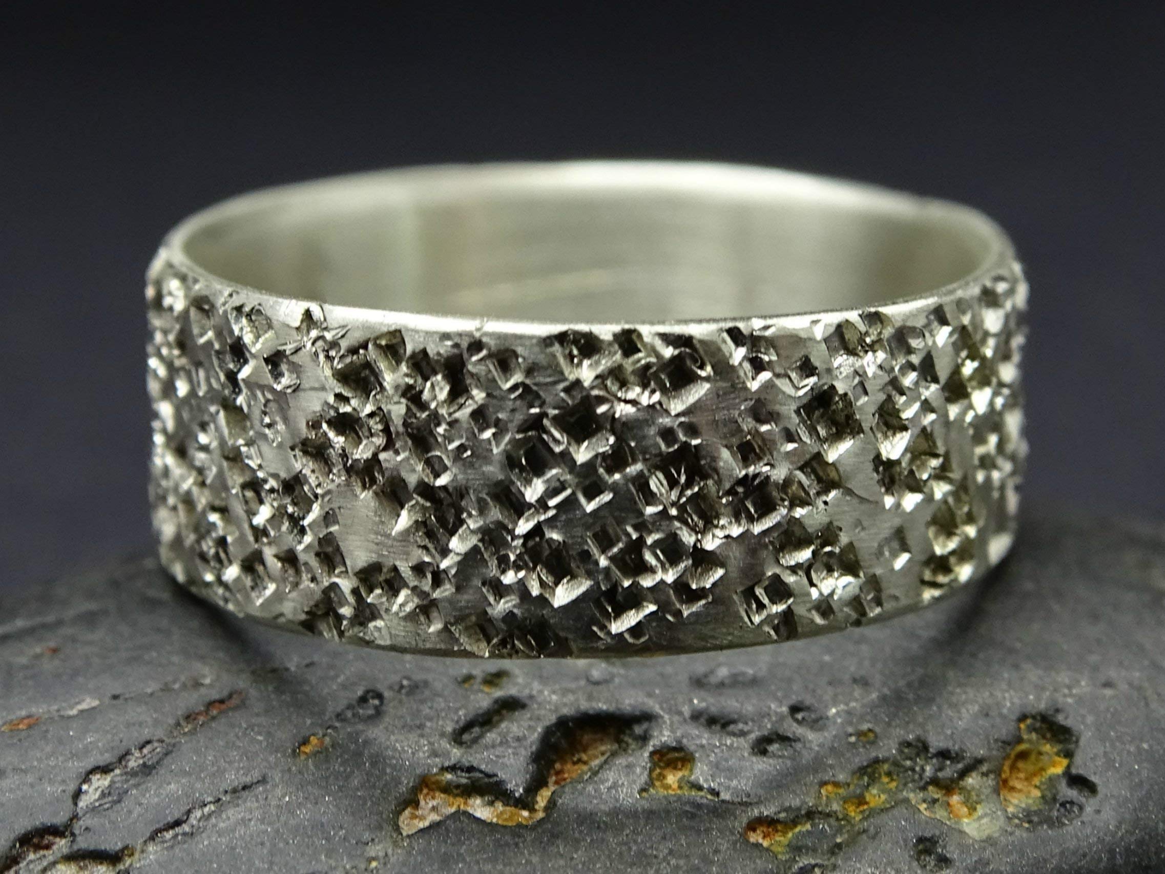 Unique Silver Wedding Band for Men - Volcanic Rock Pattern Structured Ring - Durable Men's Engagement Band - Perfect for Weddings, Anniversaries & Special Occasions